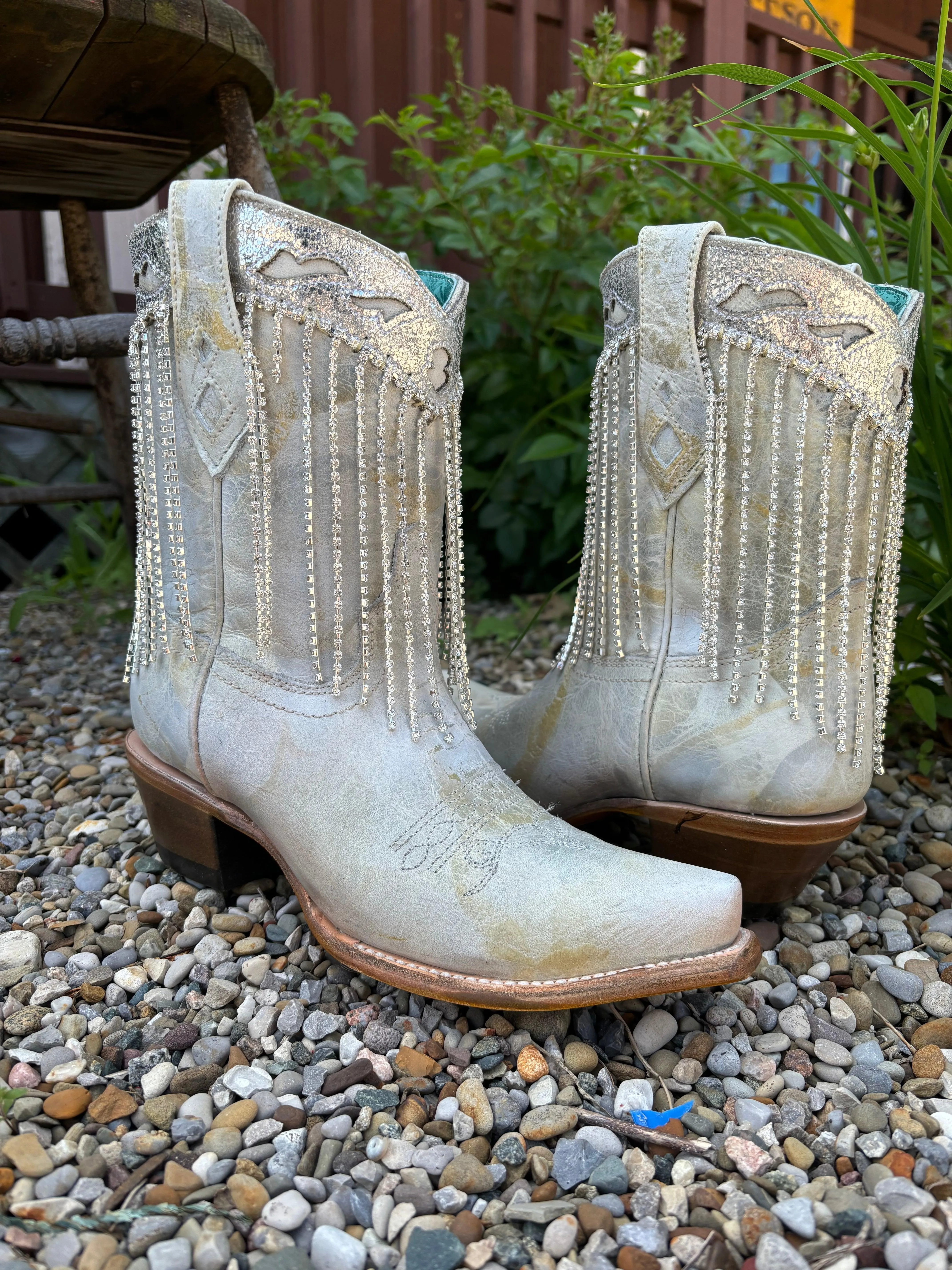 Cool Weather Corral Women's White & Silver Overlay Crystal Fringe Snip Toe Ankle Cowgirl Boots Z5250