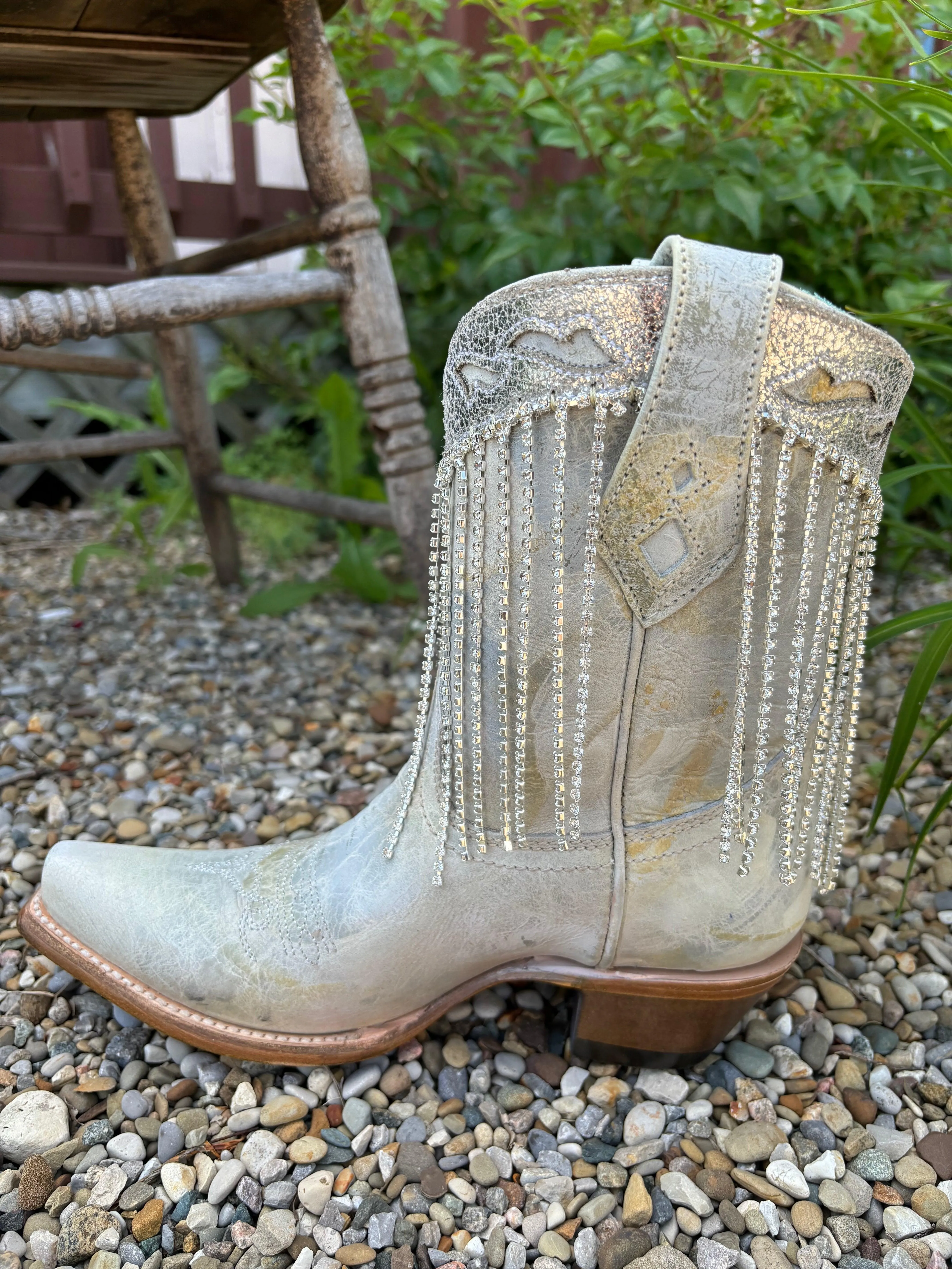 Corral Women's White & Silver Overlay Crystal Fringe Snip Toe Ankle Cowgirl Boots Z5250 Cordura Material Chelsea Design