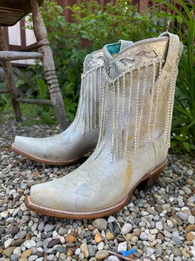 Corral Women's White & Silver Overlay Crystal Fringe Snip Toe Ankle Cowgirl Boots Z5250 fashionable footwear Fur Trim