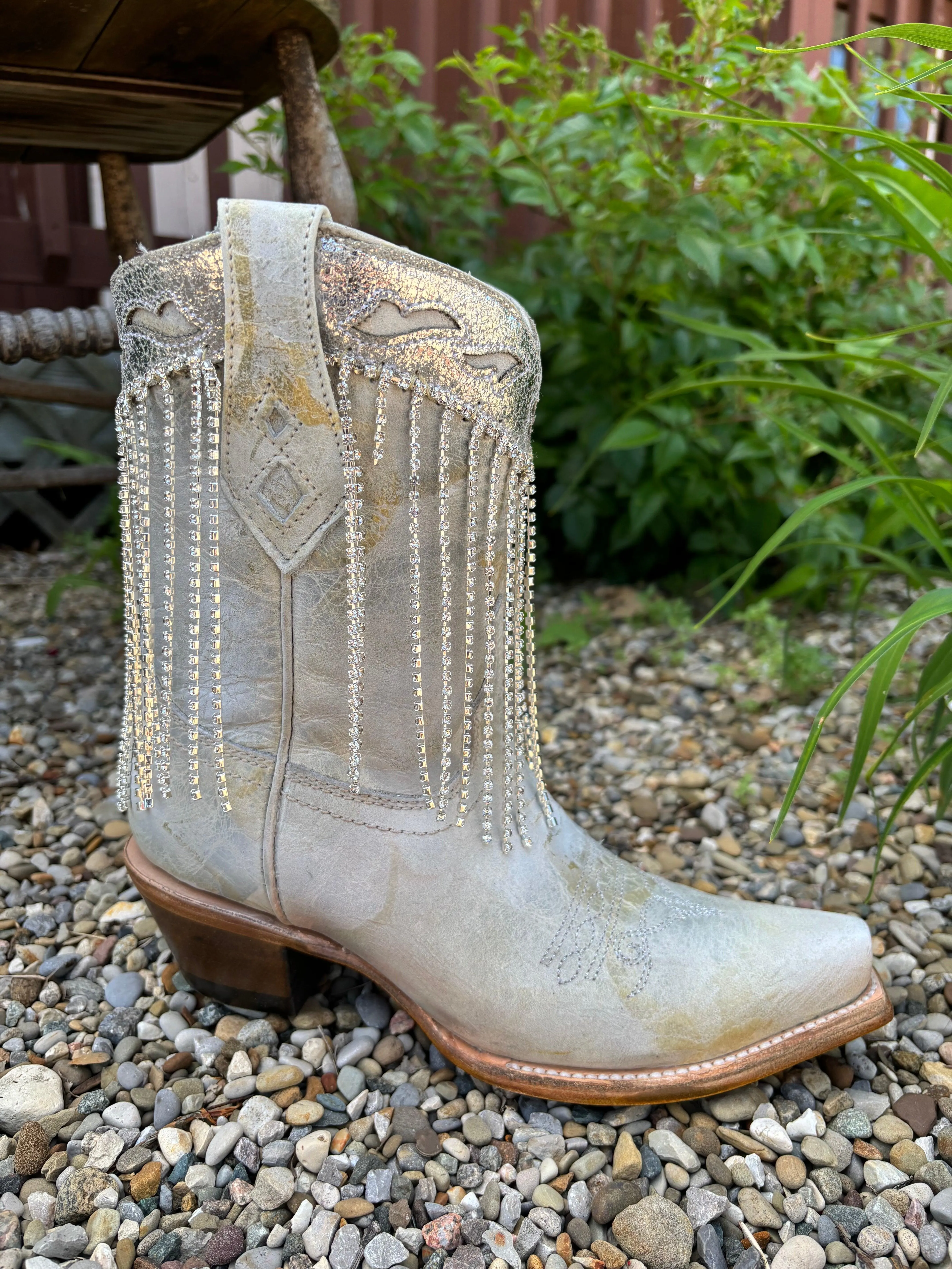 Textile Stretchable Material Corral Women's White & Silver Overlay Crystal Fringe Snip Toe Ankle Cowgirl Boots Z5250