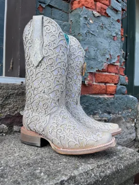 Sweat Wicking Corral Women's White Glitter Overlay & Embroidered Square Toe Cowgirl Boots C4059
