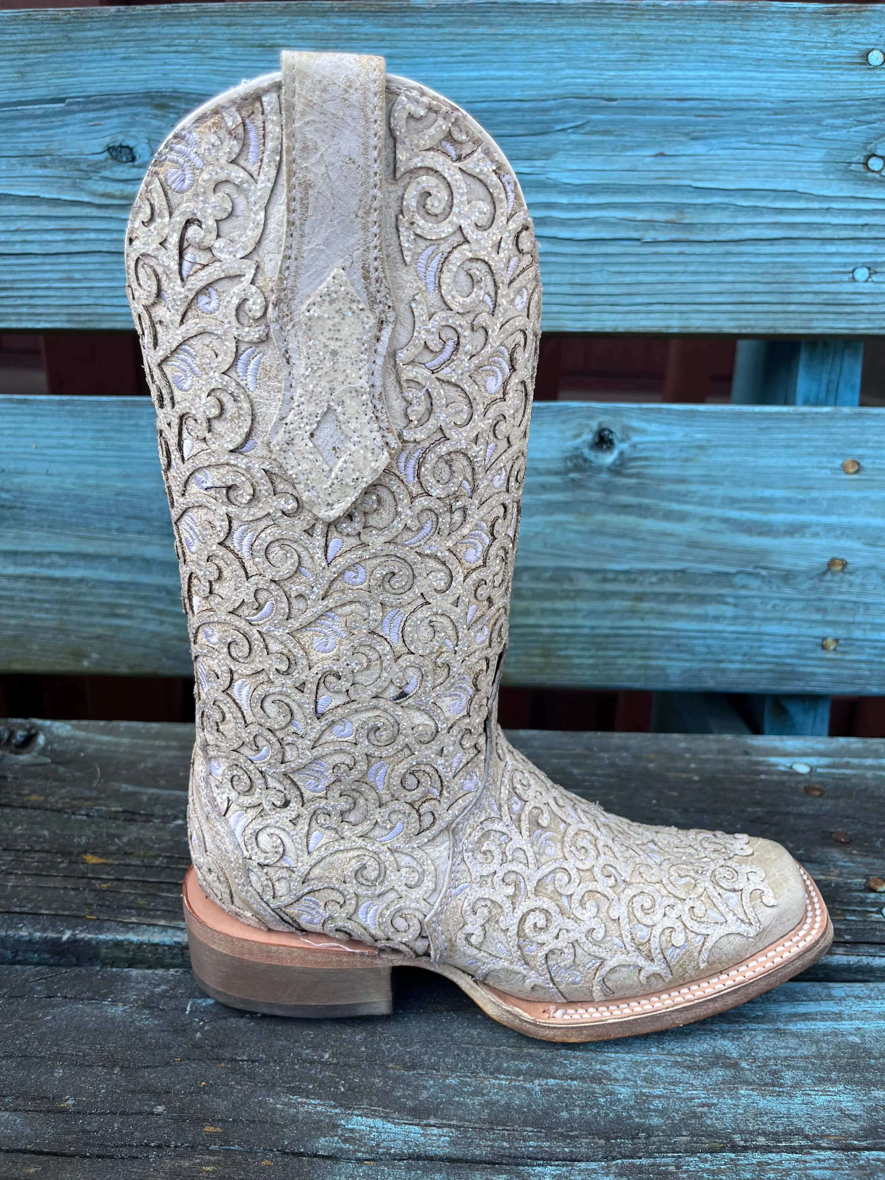 Arctic Cold Corral Women's White Glitter Overlay & Embroidered Square Toe Cowgirl Boots C4059