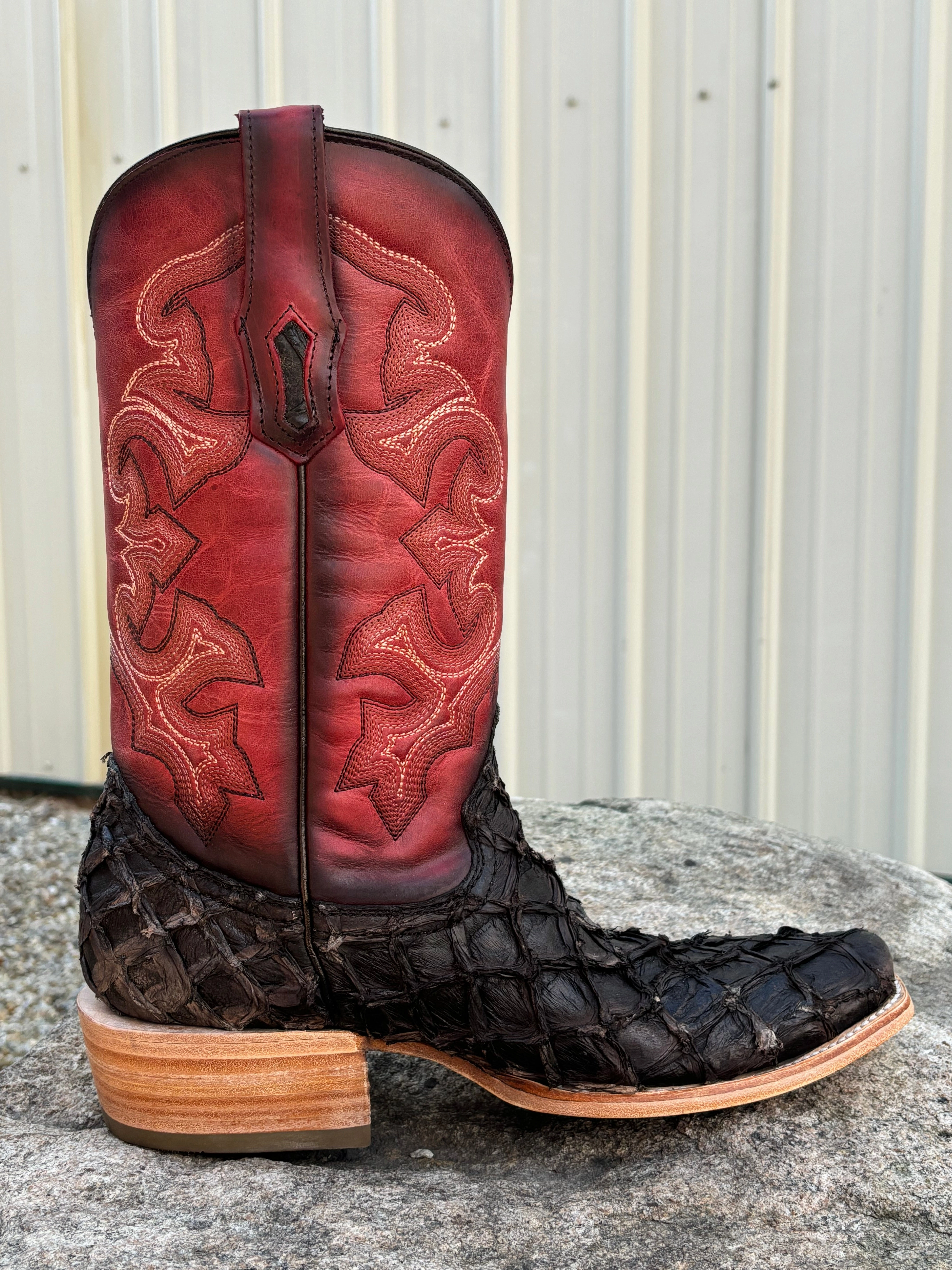 Corral Men's Dark Brown Pirarucu Big Bass & Red Top Narrow Square Toe Cowboy Boots A4536 Odor Resistant