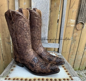 Long Haul Multi Season Corral Men's Distressed Brown Alligator Inlay Snip Toe Cowboy Boots A4115