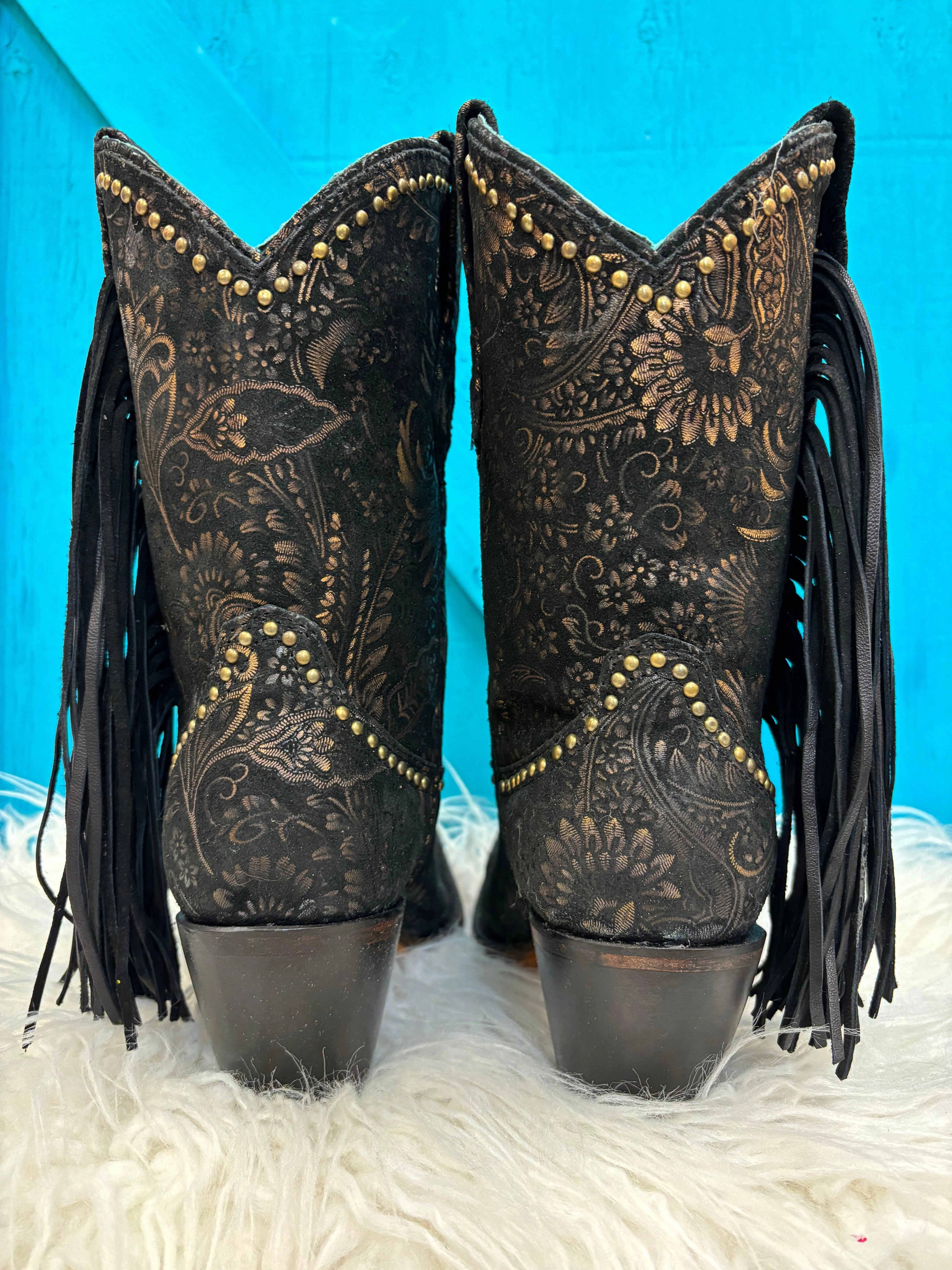 Corral Women's Black and Gold Stamped Floral Suede Fashion Cowgirl Boots A4492 ShockAbsorbing Smooth Style
