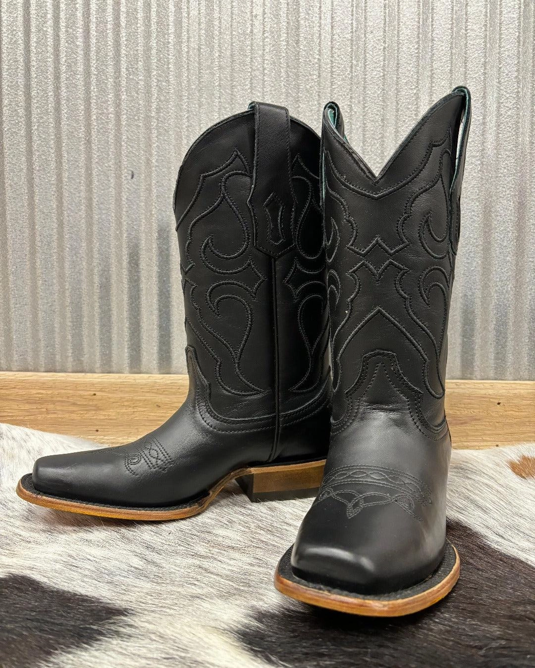 Comfortable Arch Support Anti-Fatigue Corral Women's Black Leather Embroidered Square Toe Cowgirl Boots Z5167