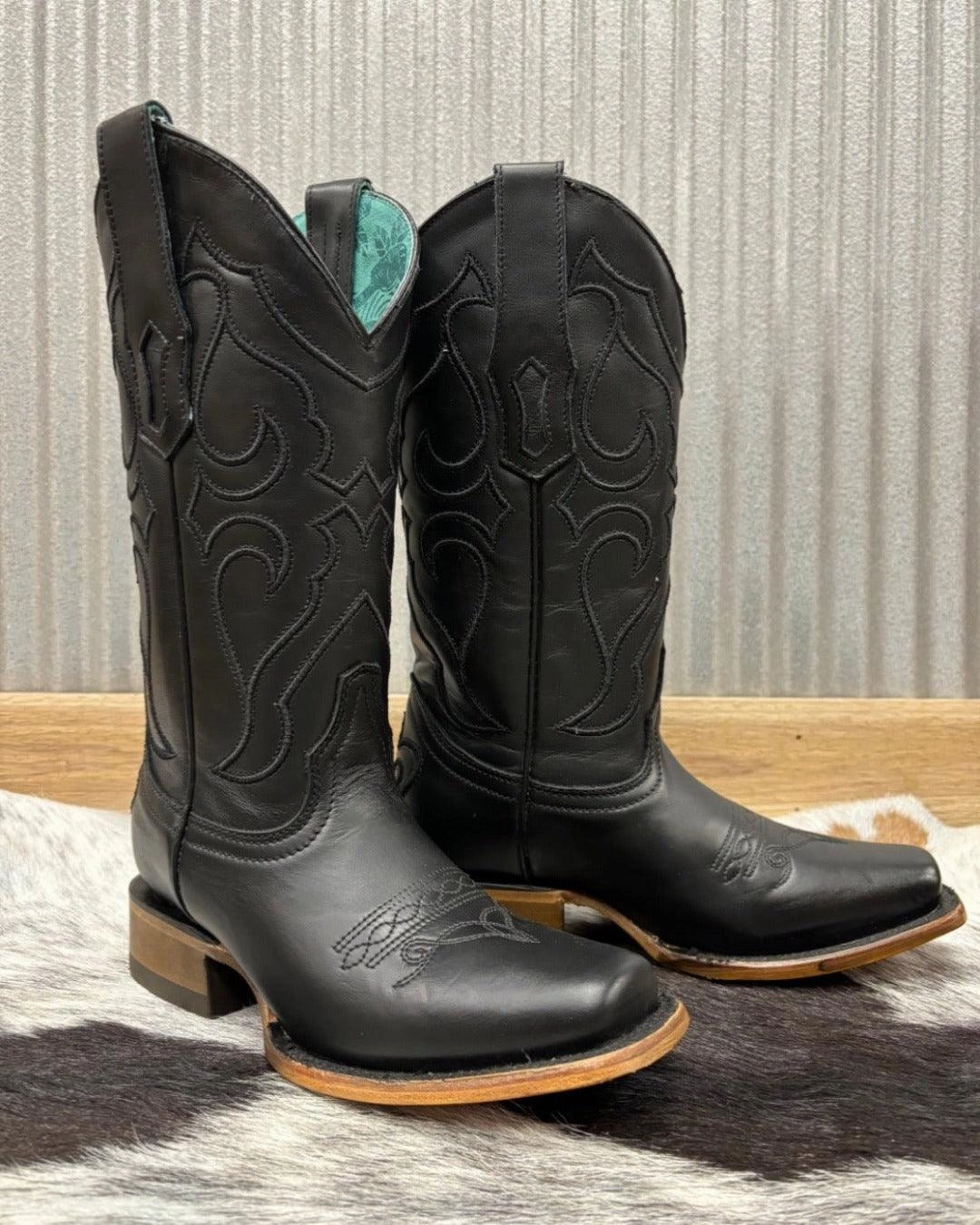 All Season Corral Women's Black Leather Embroidered Square Toe Cowgirl Boots Z5167