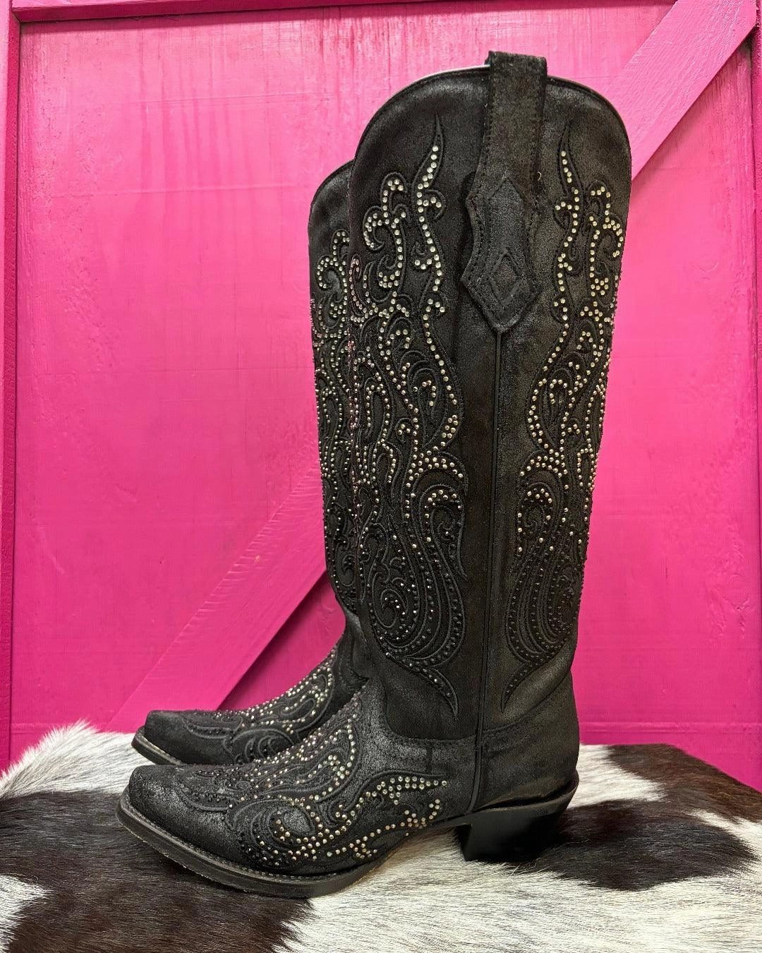 Classic Appearance Corral Women's Black Overlay Crystal Studded Tall Cowgirl Boots C4097