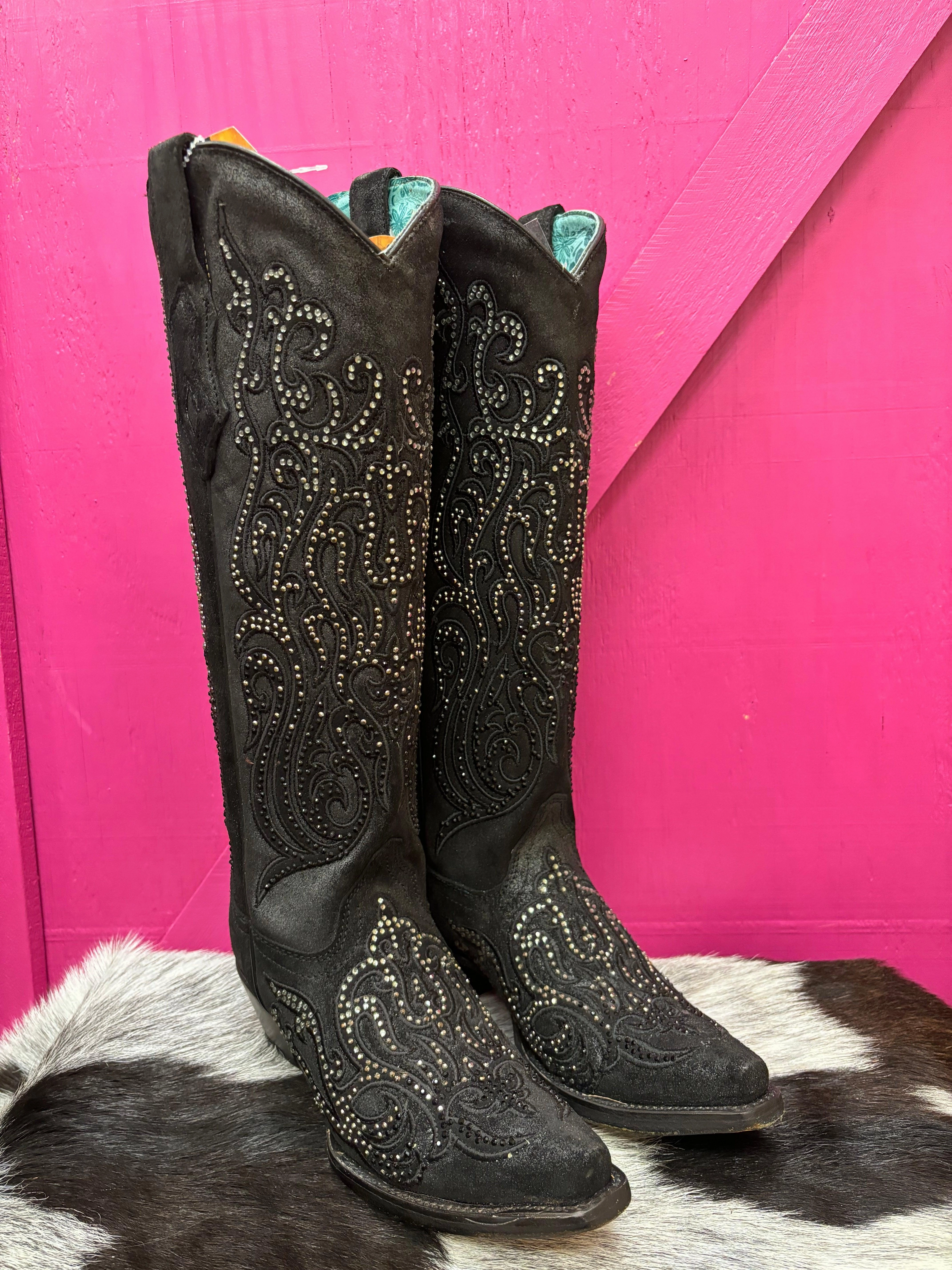 mom style Corral Women's Black Overlay Crystal Studded Tall Cowgirl Boots C4097
