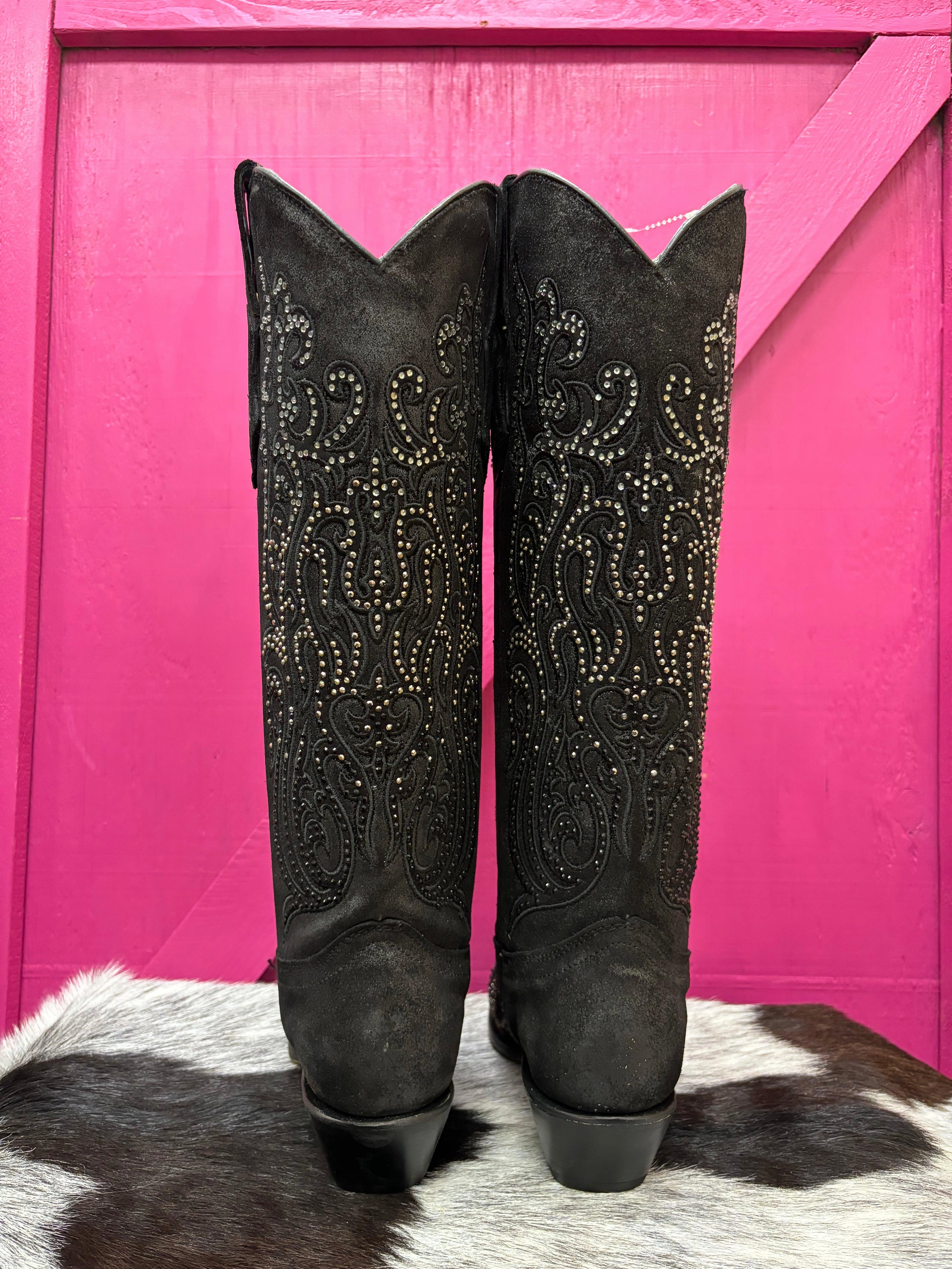 Shock Absorbing Corral Women's Black Overlay Crystal Studded Tall Cowgirl Boots C4097