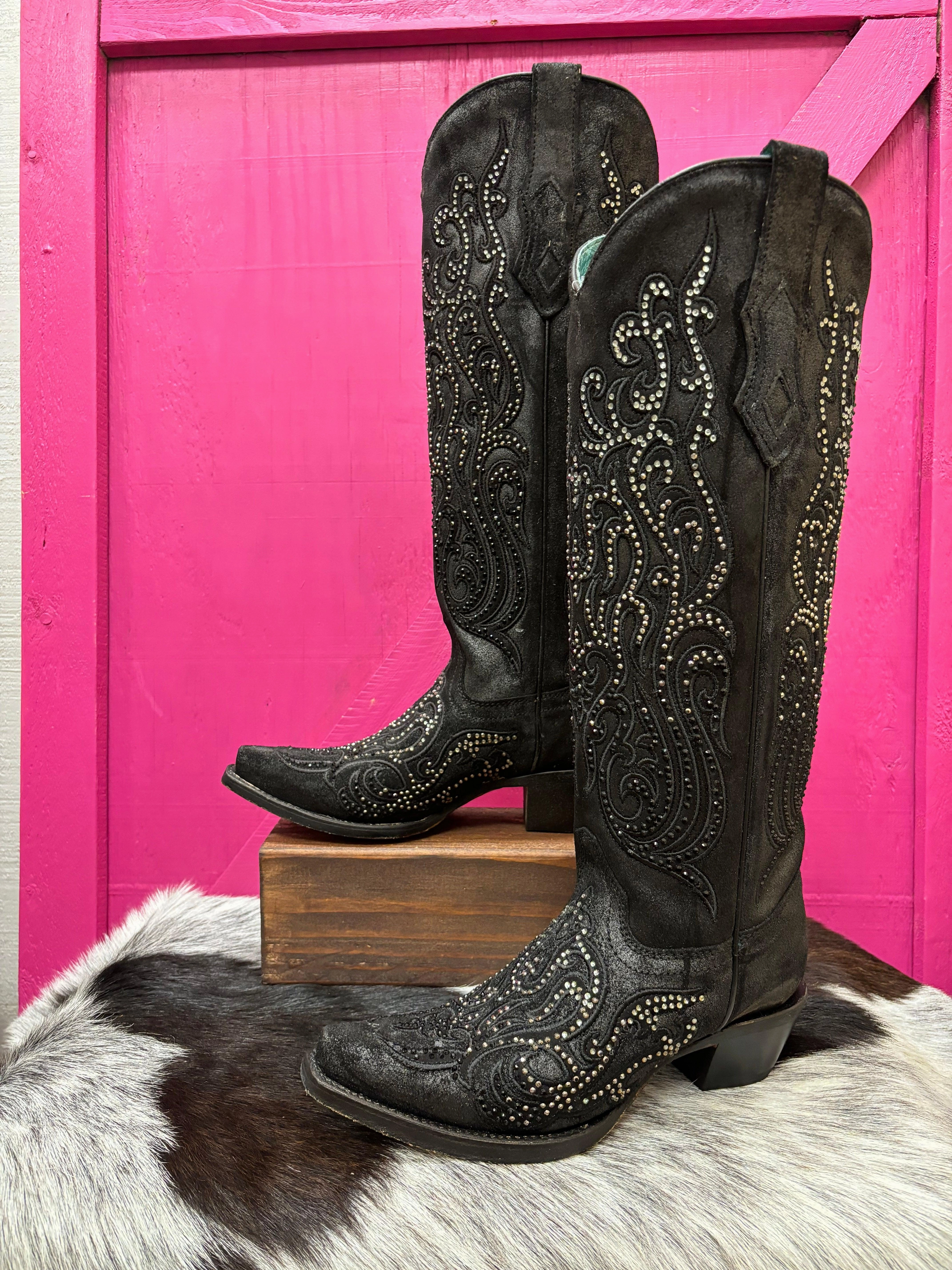 Corral Women's Black Overlay Crystal Studded Tall Cowgirl Boots C4097 Elastic Band