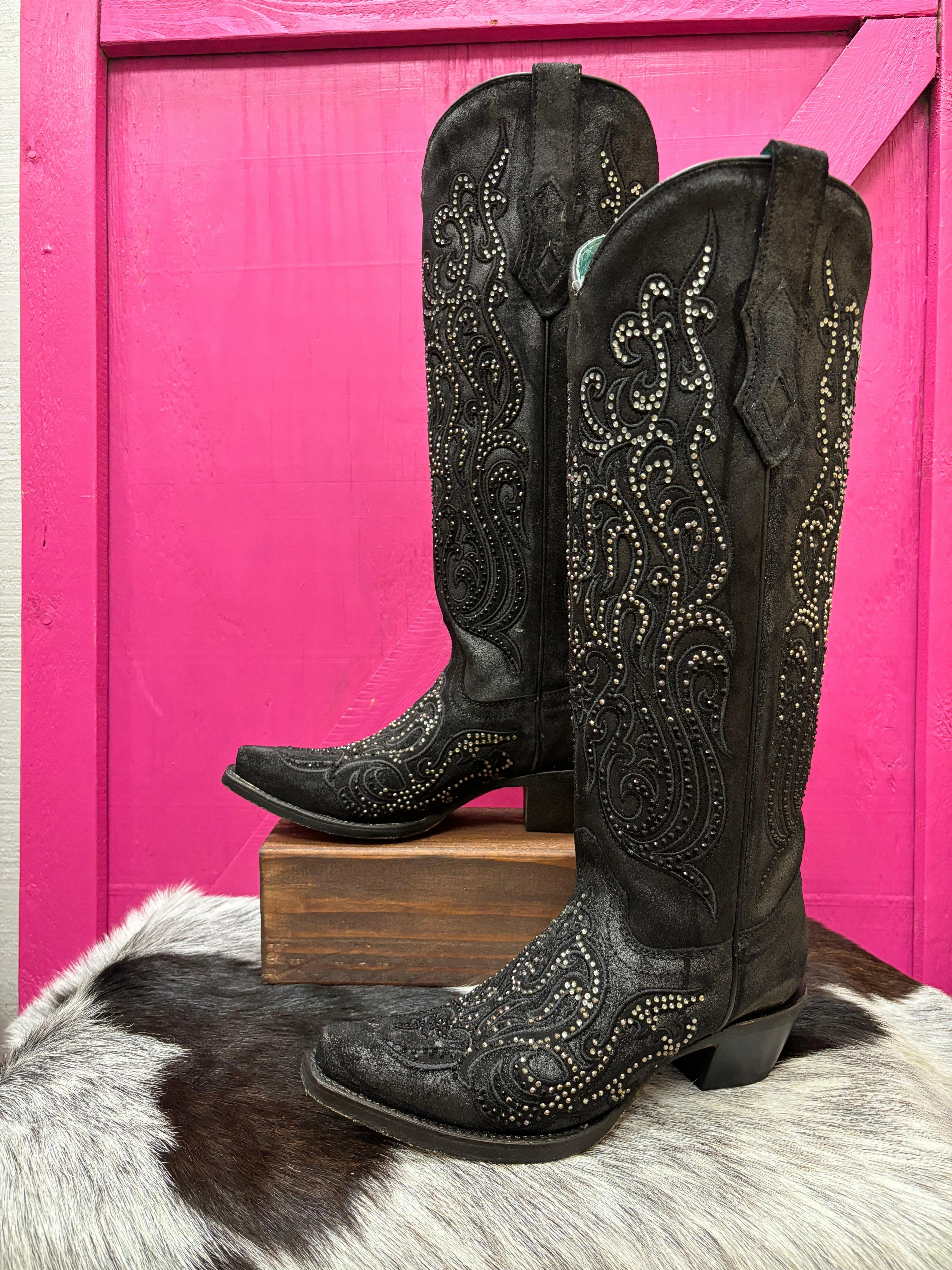 Corral Women's Black Overlay Crystal Studded Tall Cowgirl Boots C4097 Shock Absorbing