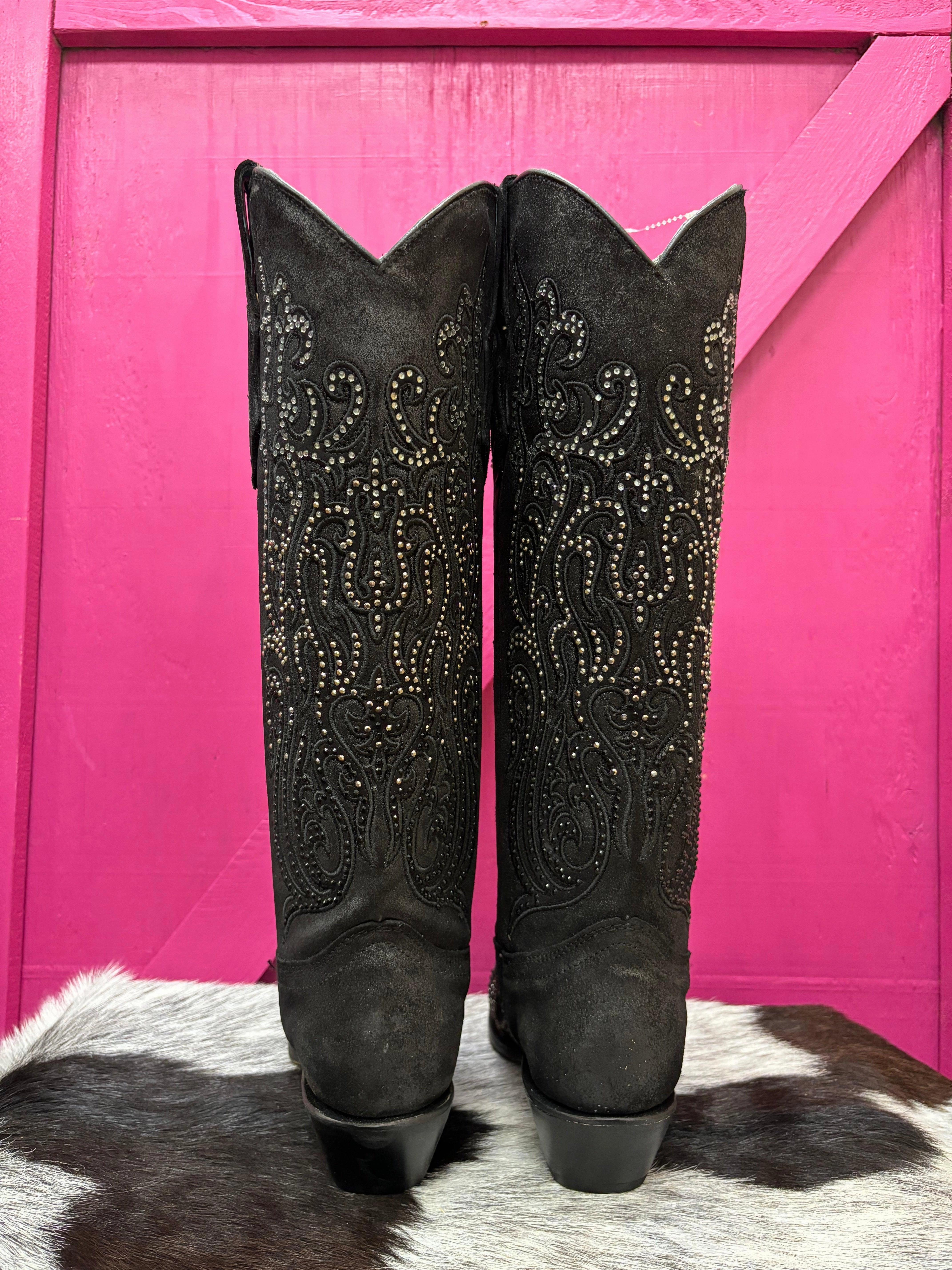 Corral Women's Black Overlay Crystal Studded Tall Cowgirl Boots C4097 Hard Wear