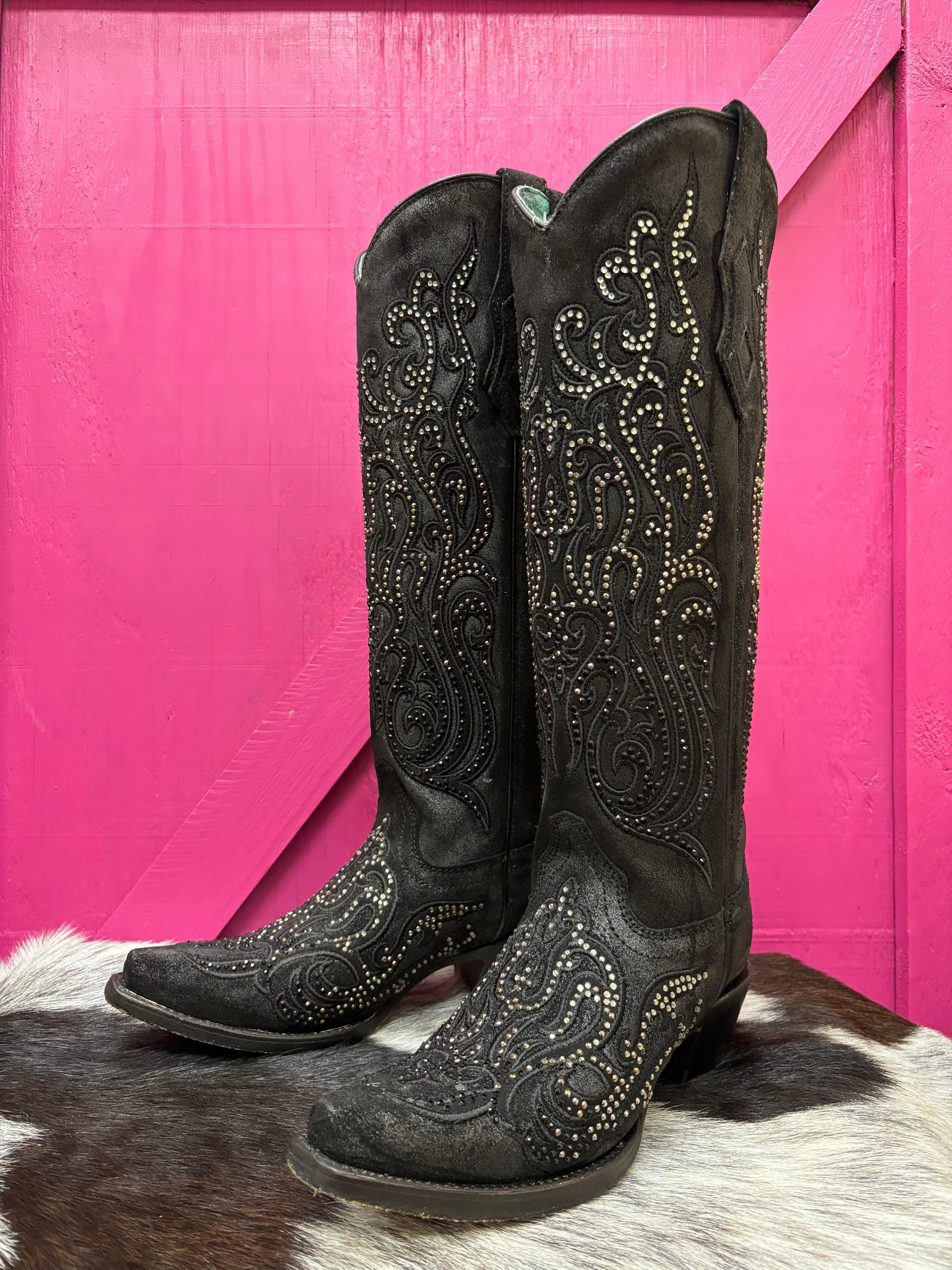 Trendy Corral Women's Black Overlay Crystal Studded Tall Cowgirl Boots C4097