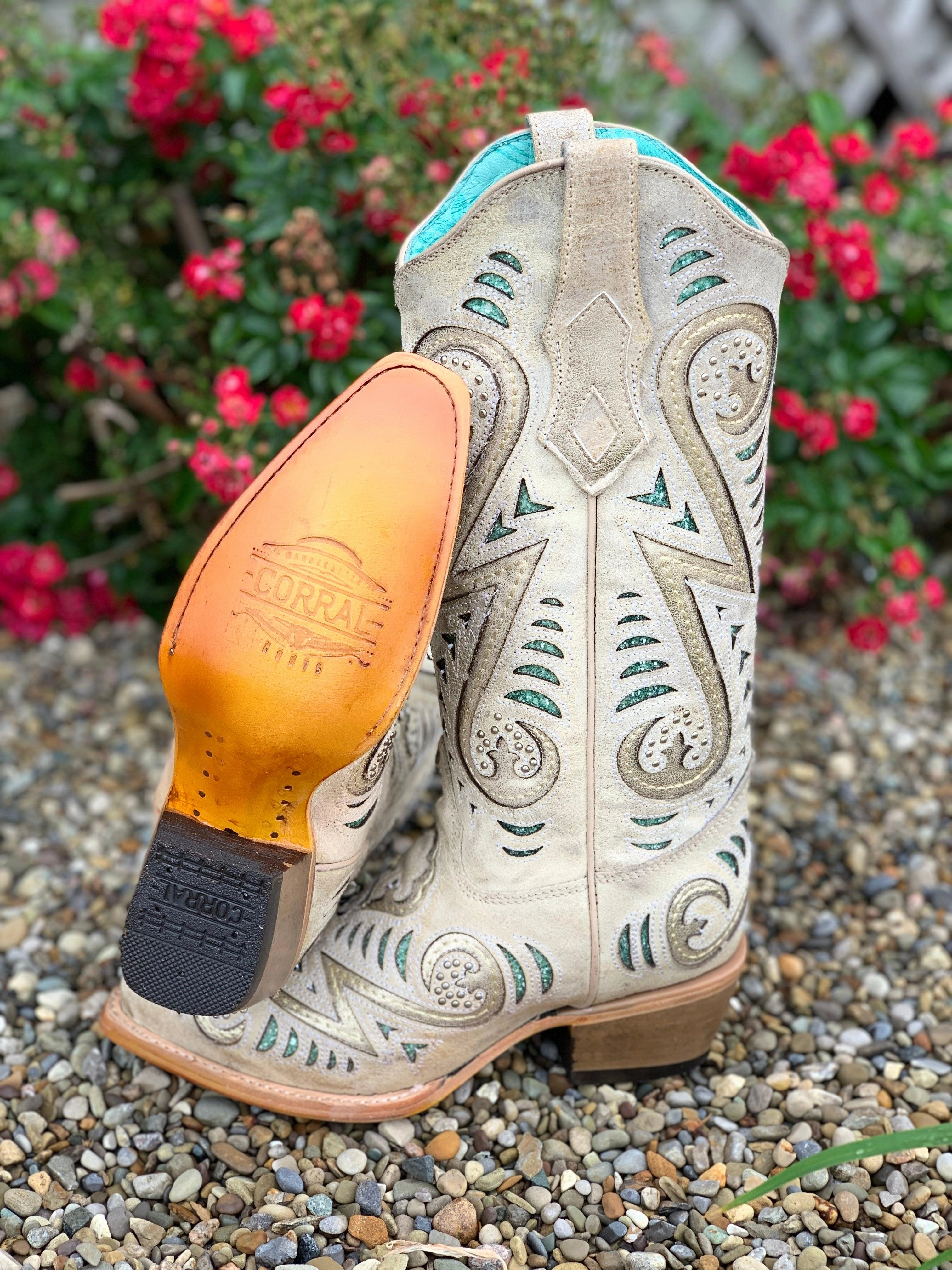 Corral Women's Bone Inlay Cowgirl Boots C3878 Rubber Sole Slip   Resistant Lug