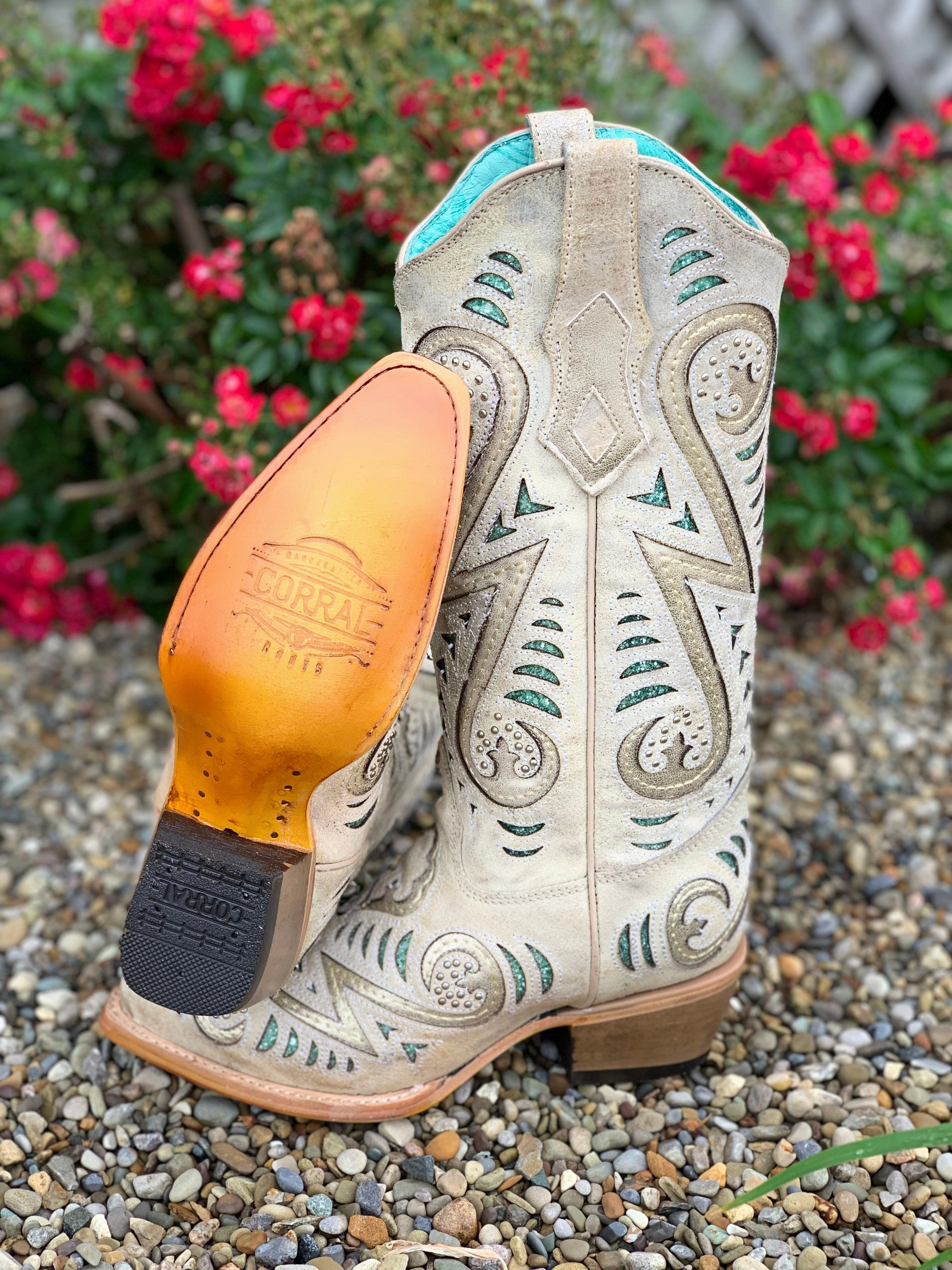 Corral Women's Bone Inlay Cowgirl Boots C3878 Rubber Sole Slip   Resistant Lug