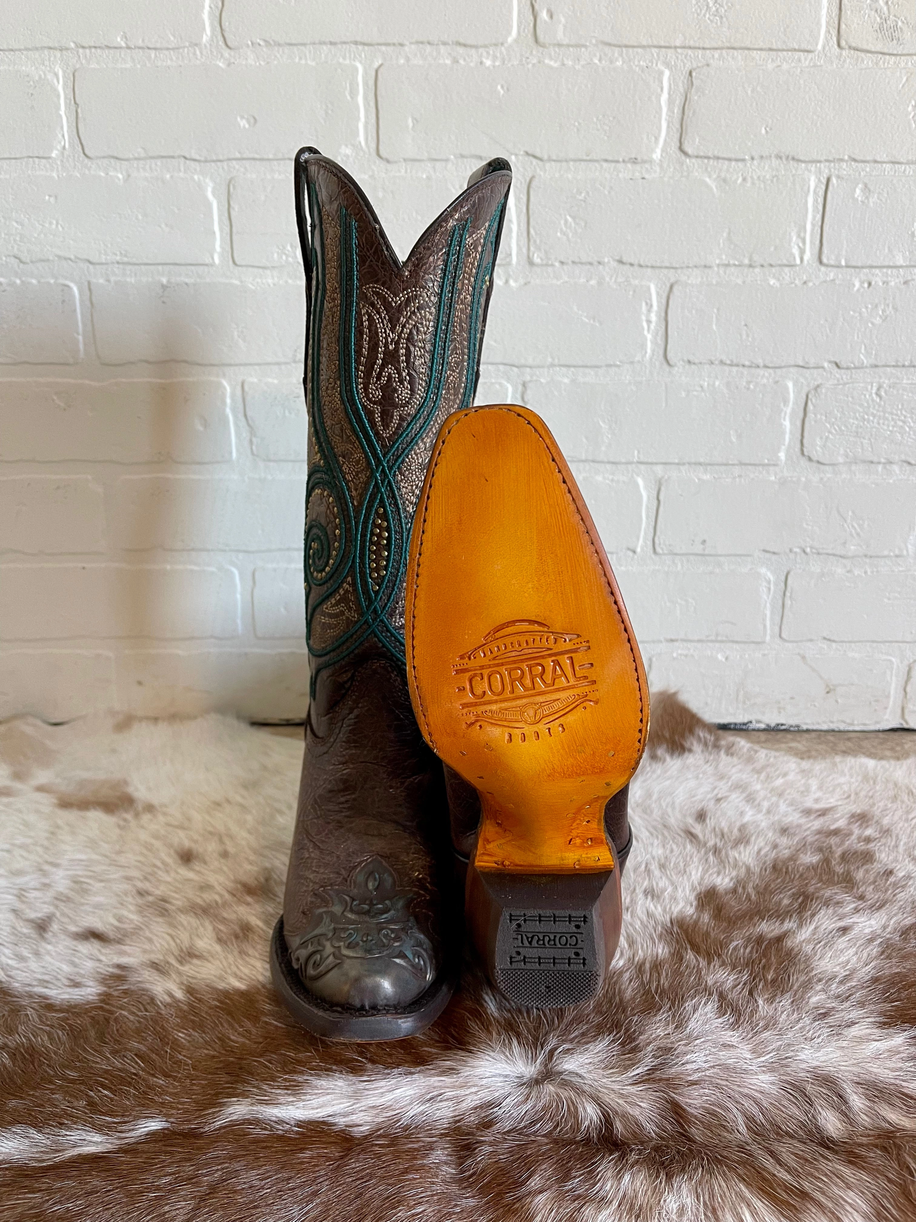 Corral Women's Bronze & Turquoise Overlay Snip Toe Cowgirl Boots C3912 Long Walks City Wear