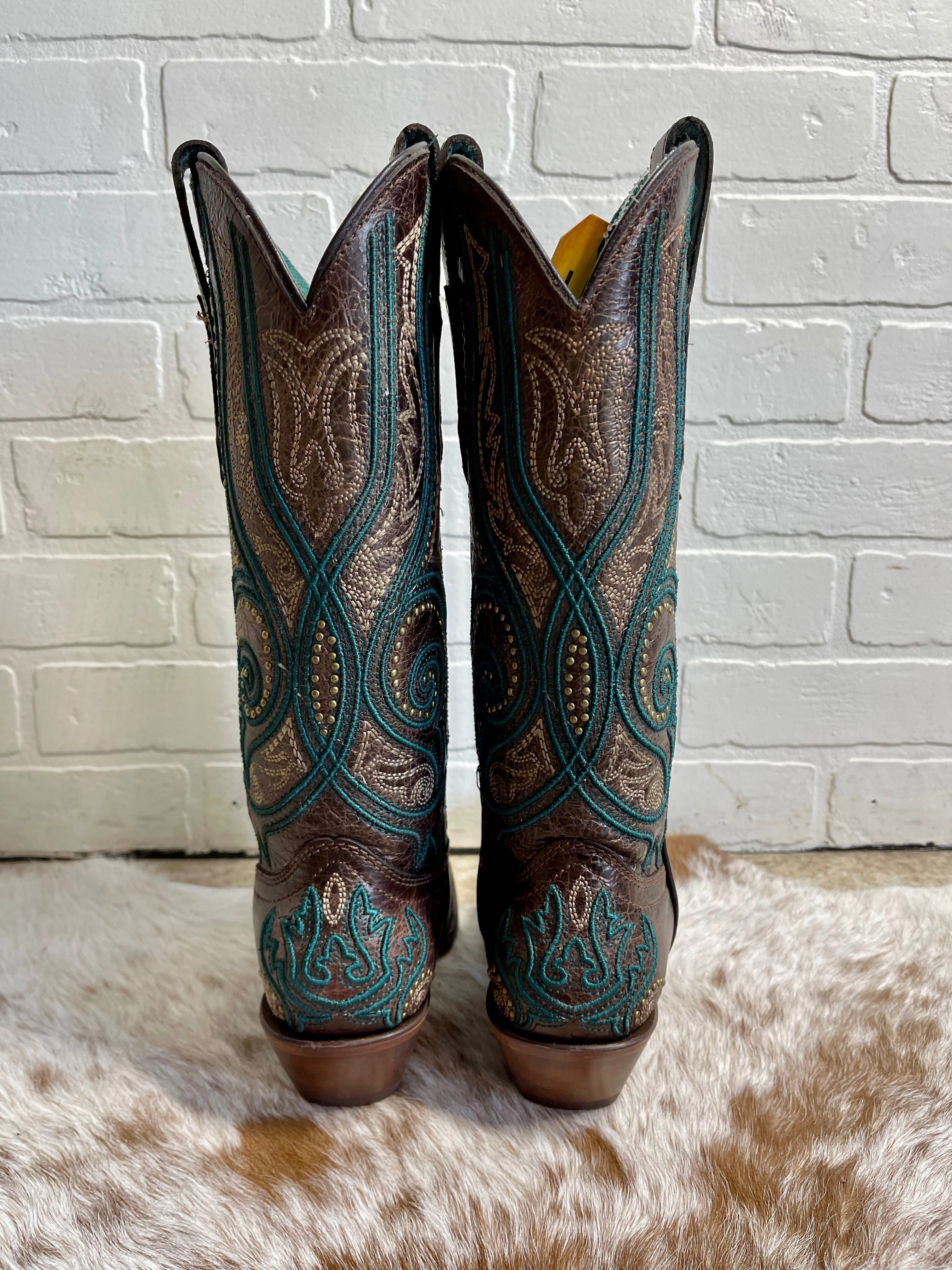 Corral Women's Bronze & Turquoise Overlay Snip Toe Cowgirl Boots C3912 Cushioned Support