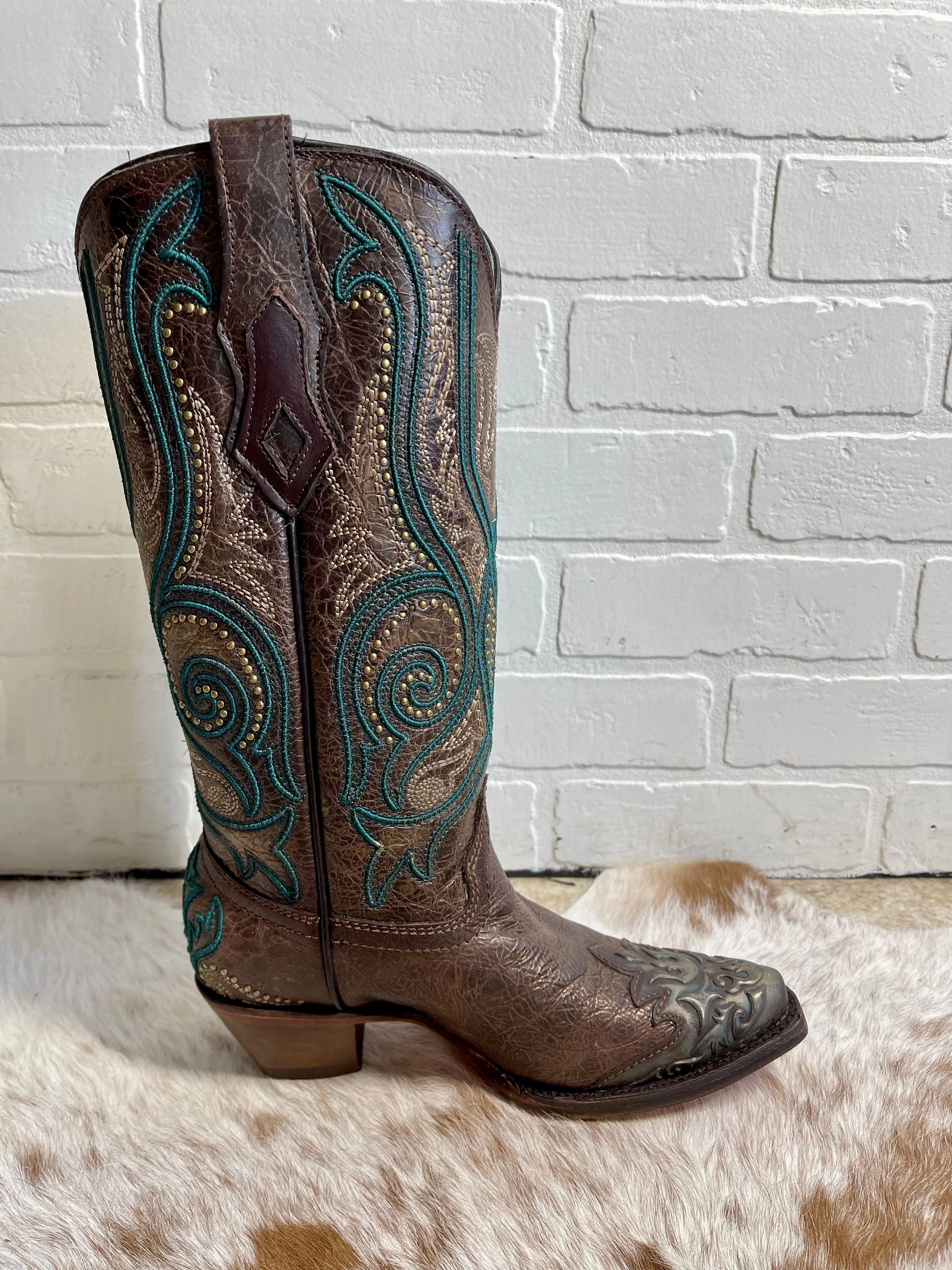 Western Pattern Corral Women's Bronze & Turquoise Overlay Snip Toe Cowgirl Boots C3912