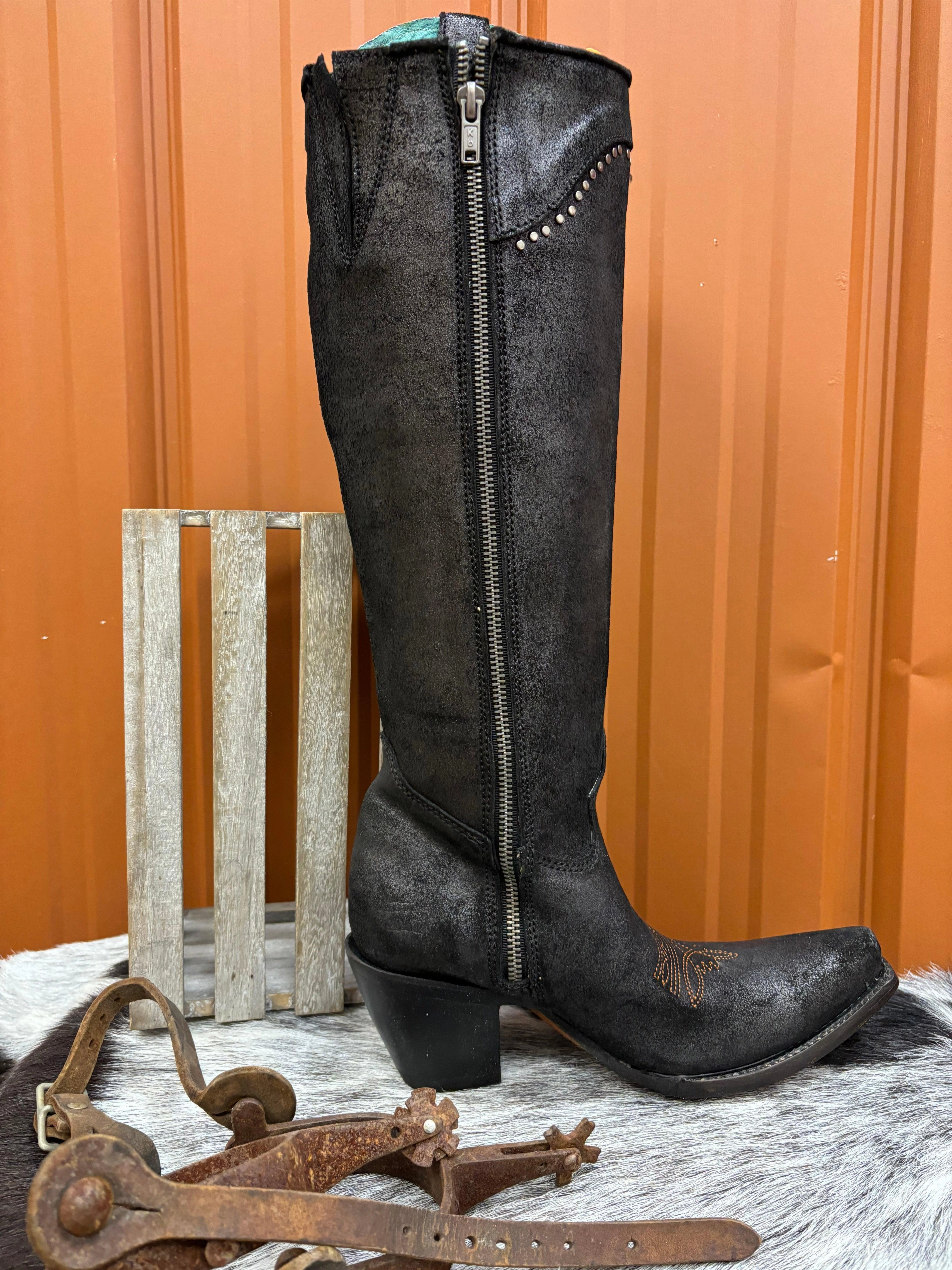 Comfort Insoles Corral Women's Brown & Black Overlay Studded Tall Cowgirl Boots C4092