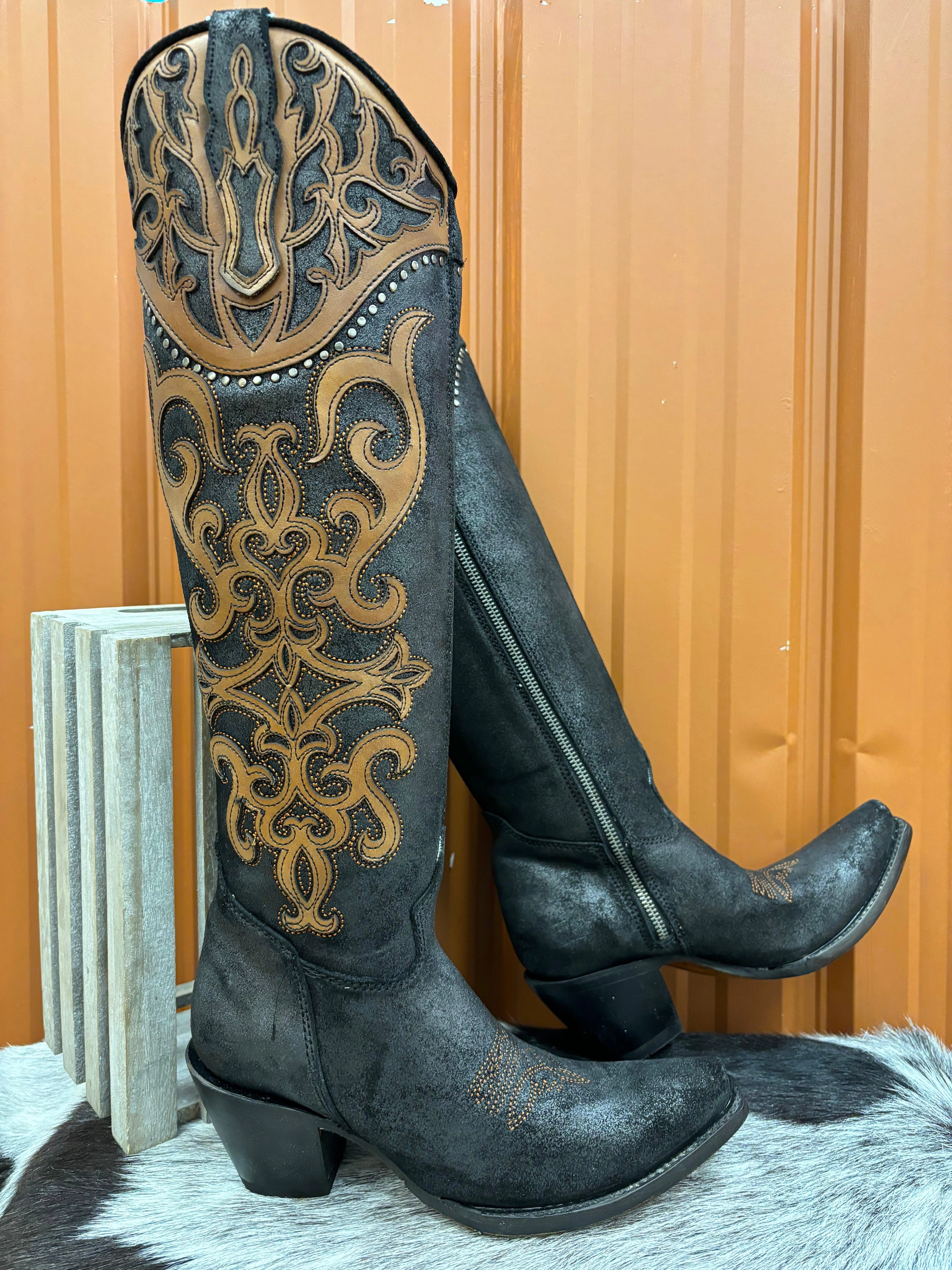 Corral Women's Brown & Black Overlay Studded Tall Cowgirl Boots C4092 Cold resistant
