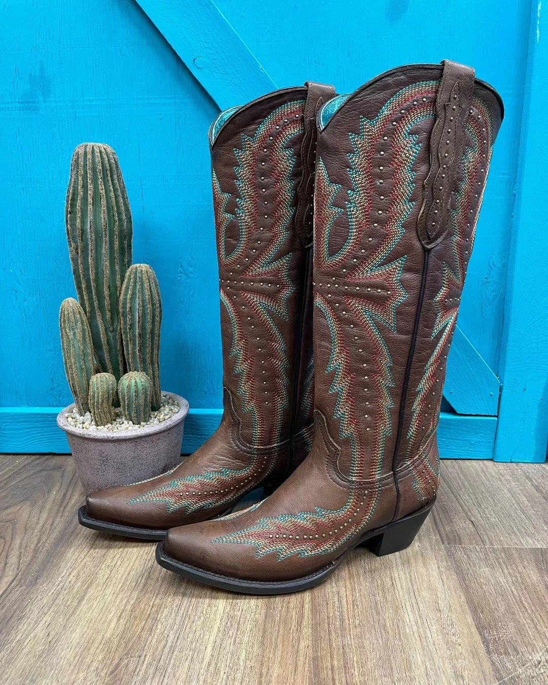 Perfect For Hiking Western Pattern Corral Women's Brown Embroidery Stud Tall Cowgirl Boots C4068
