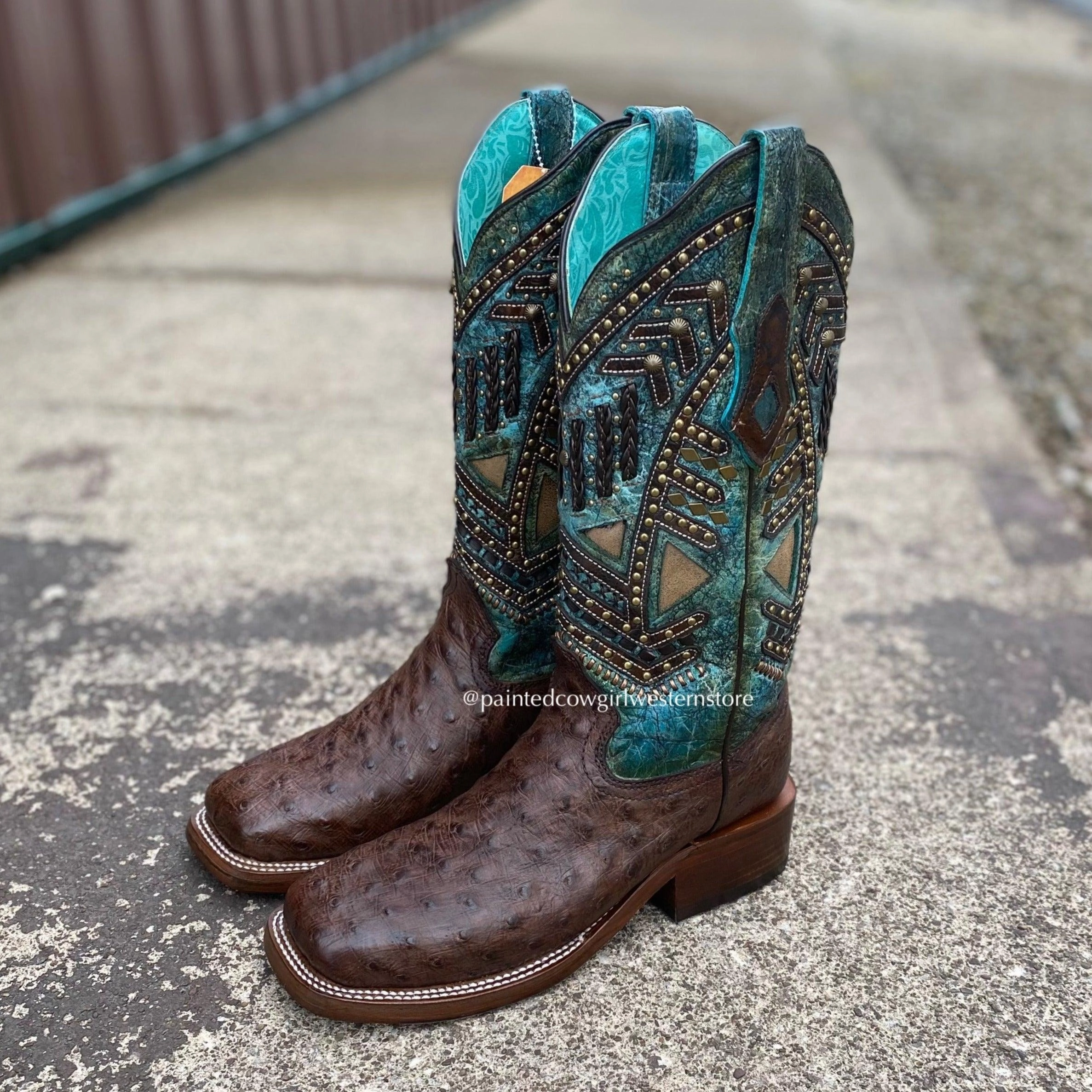 Casual Look Corral Women's Chocolate Full Quill Ostrich w/ Turquoise Shaft Square Toe Cowgirl Boots A4059