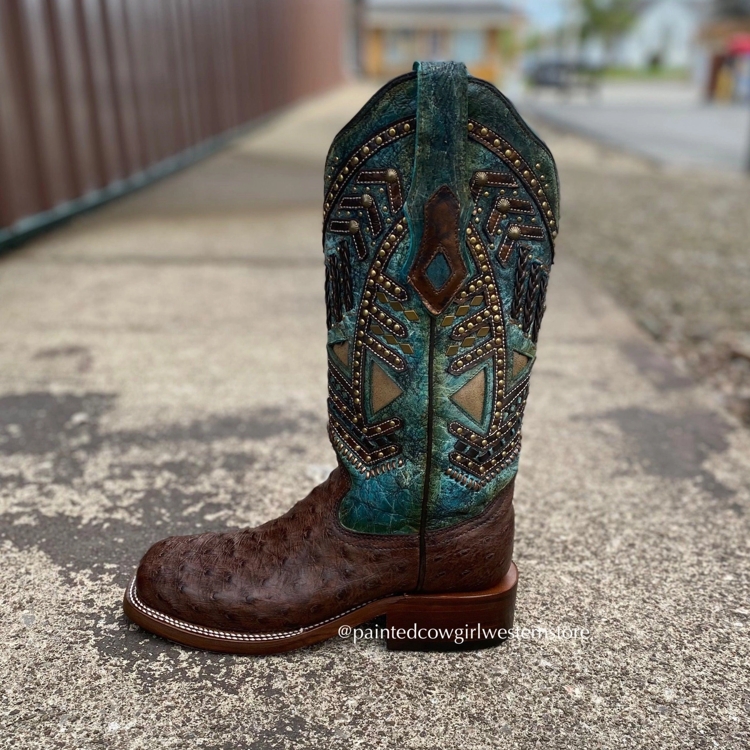 Corral Women's Chocolate Full Quill Ostrich w/ Turquoise Shaft Square Toe Cowgirl Boots A4059 Flexible Material