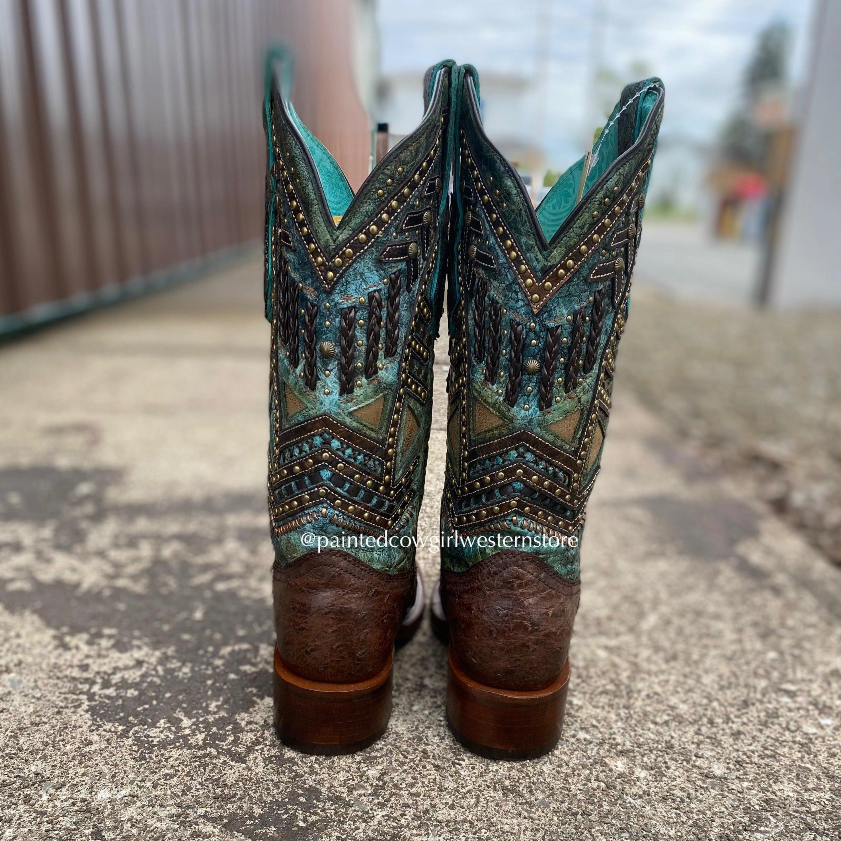 Corral Women's Chocolate Full Quill Ostrich w/ Turquoise Shaft Square Toe Cowgirl Boots A4059 Lace Up Design Modern Utility