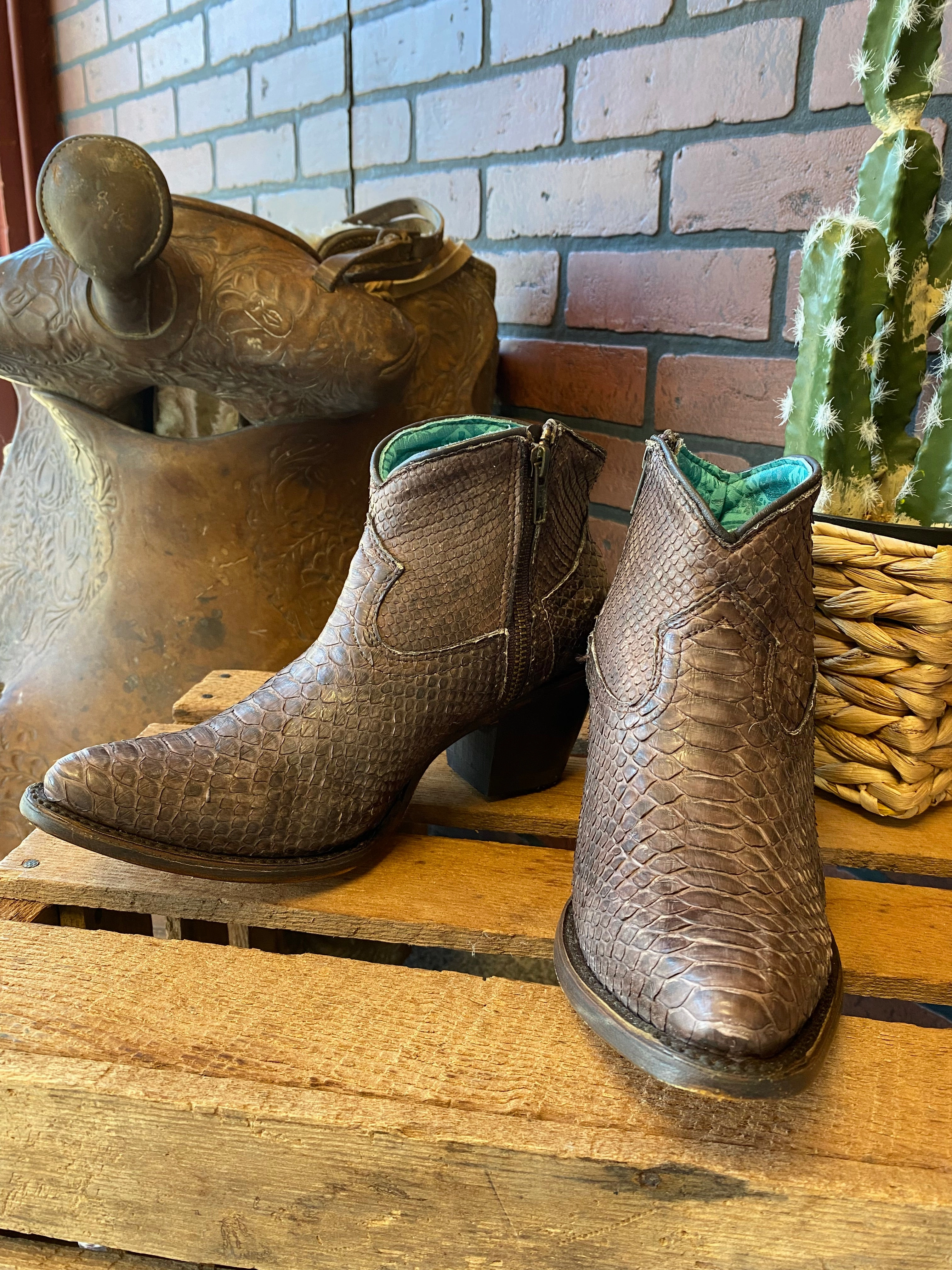 Corral Women's Chocolate Python J Toe Bootie A4325 Storm Wear Minimalist Look