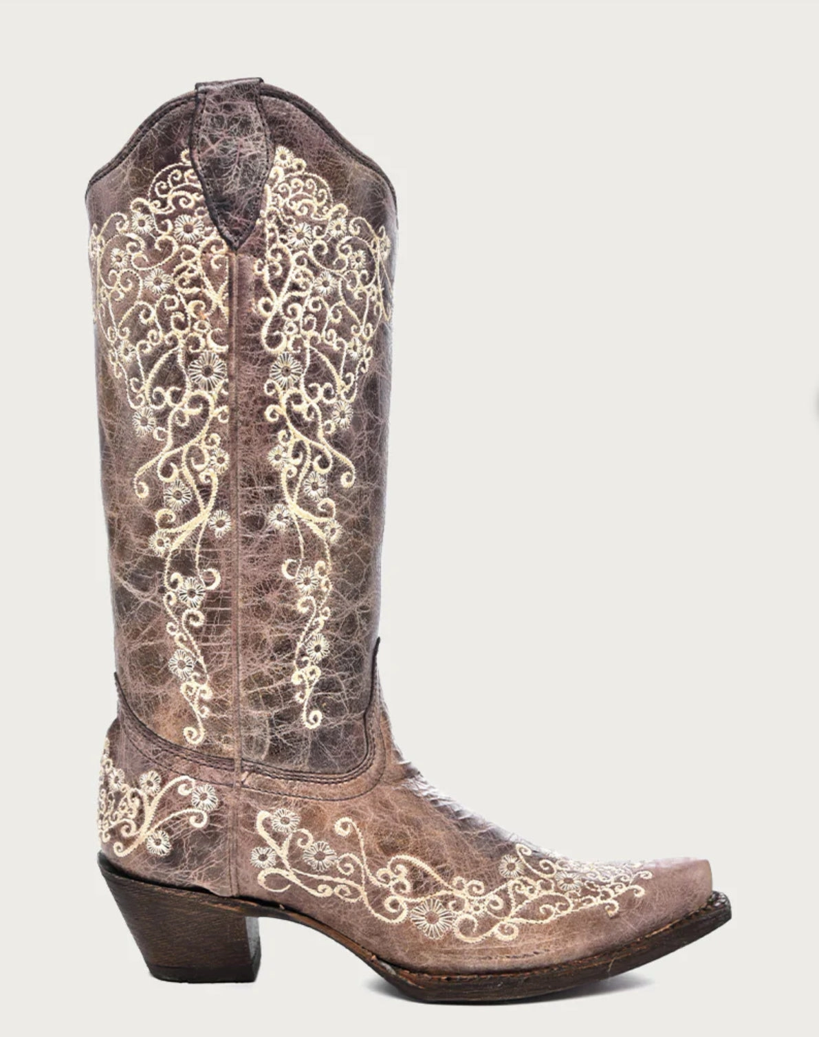 Corral Women's Crater & Bone Embroidered Snip Toe Cowgirl Boots A1094 Slip On Style Classic