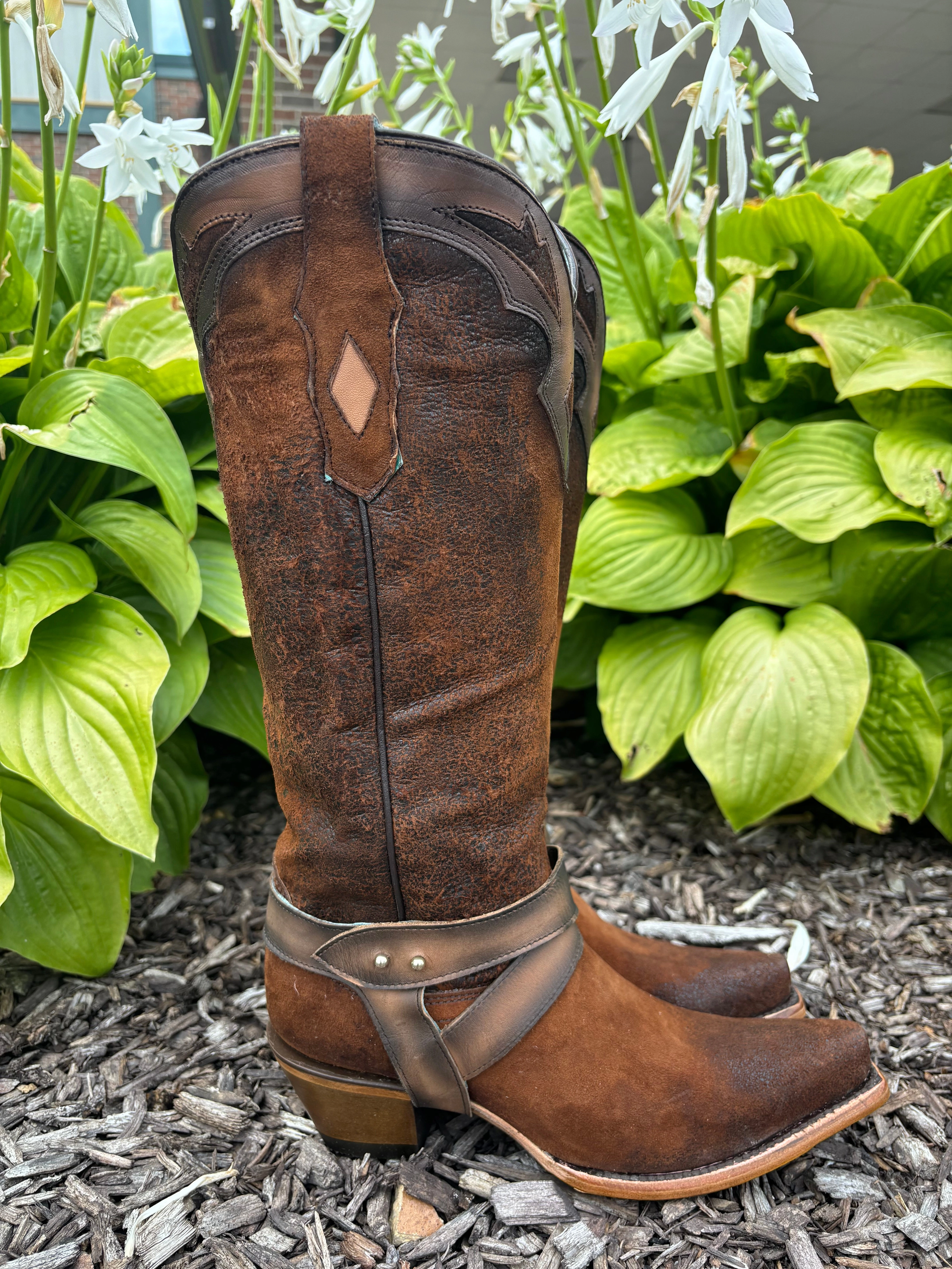 Smart Style Cool Seasons Corral Women's Dark Brown Lamb Leather Overlay & Harness Snip Toe Cowgirl Boots F1369