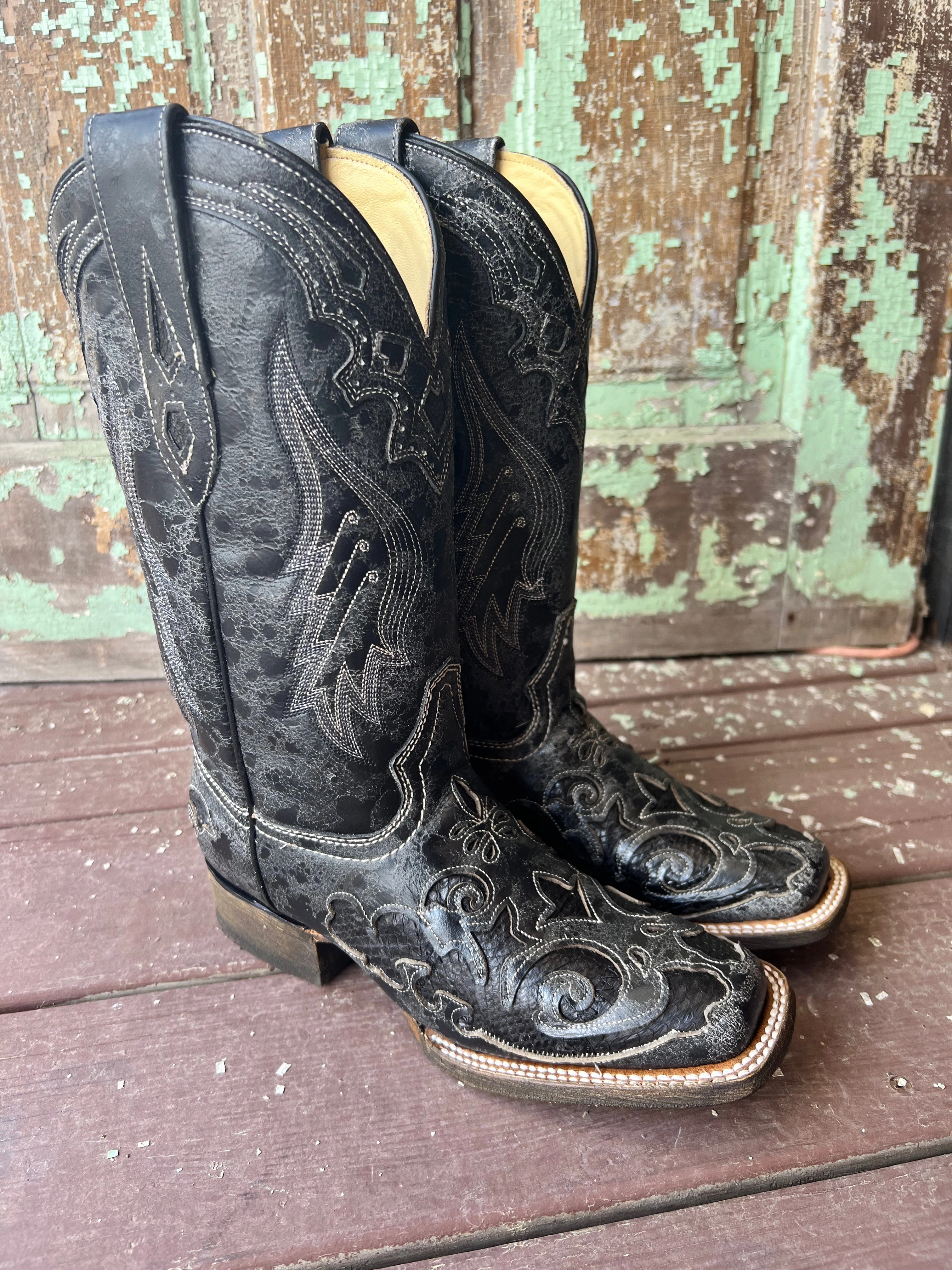 Slip Resistant Outsole Corral Women's Distressed Black Snake Inlay Square Toe Western Boots A2402