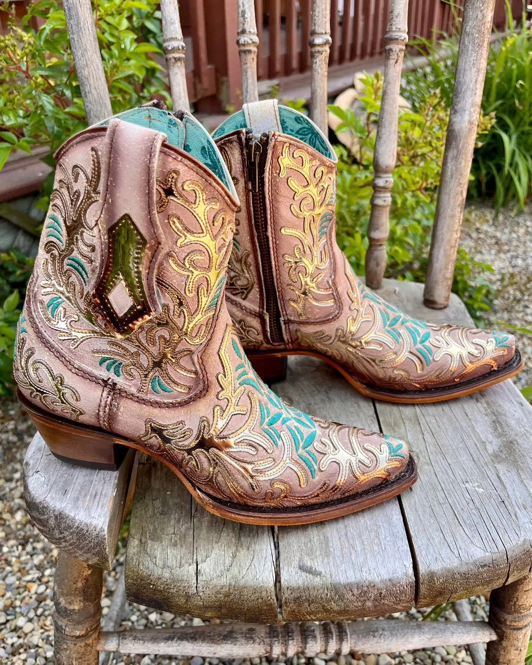 Field Work Corral Women's Golden Mirror & Turquoise Overlay Ankle Cowgirl Boots C4006