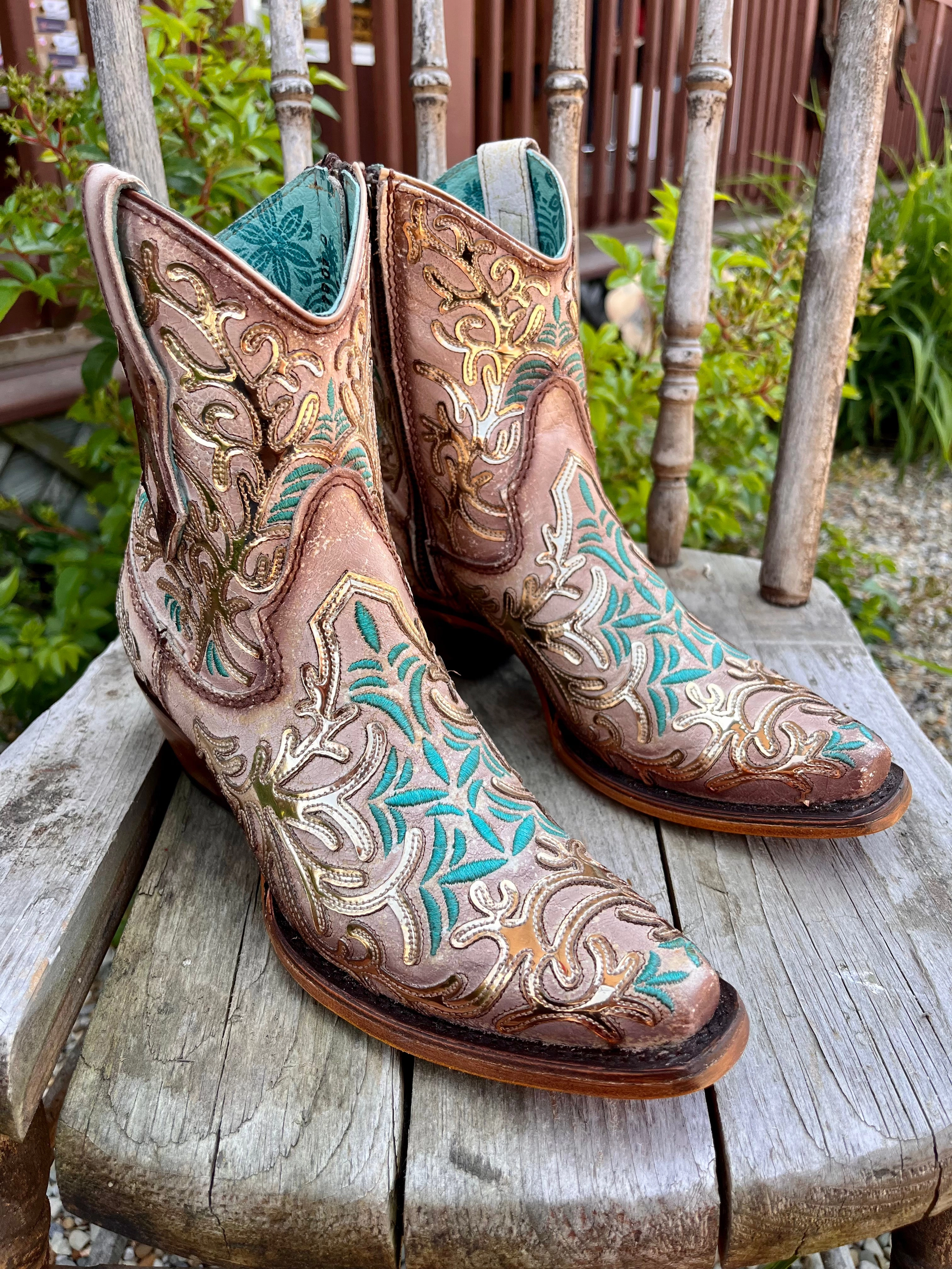 Corral Women's Golden Mirror & Turquoise Overlay Ankle Cowgirl Boots C4006 Patterned Surface