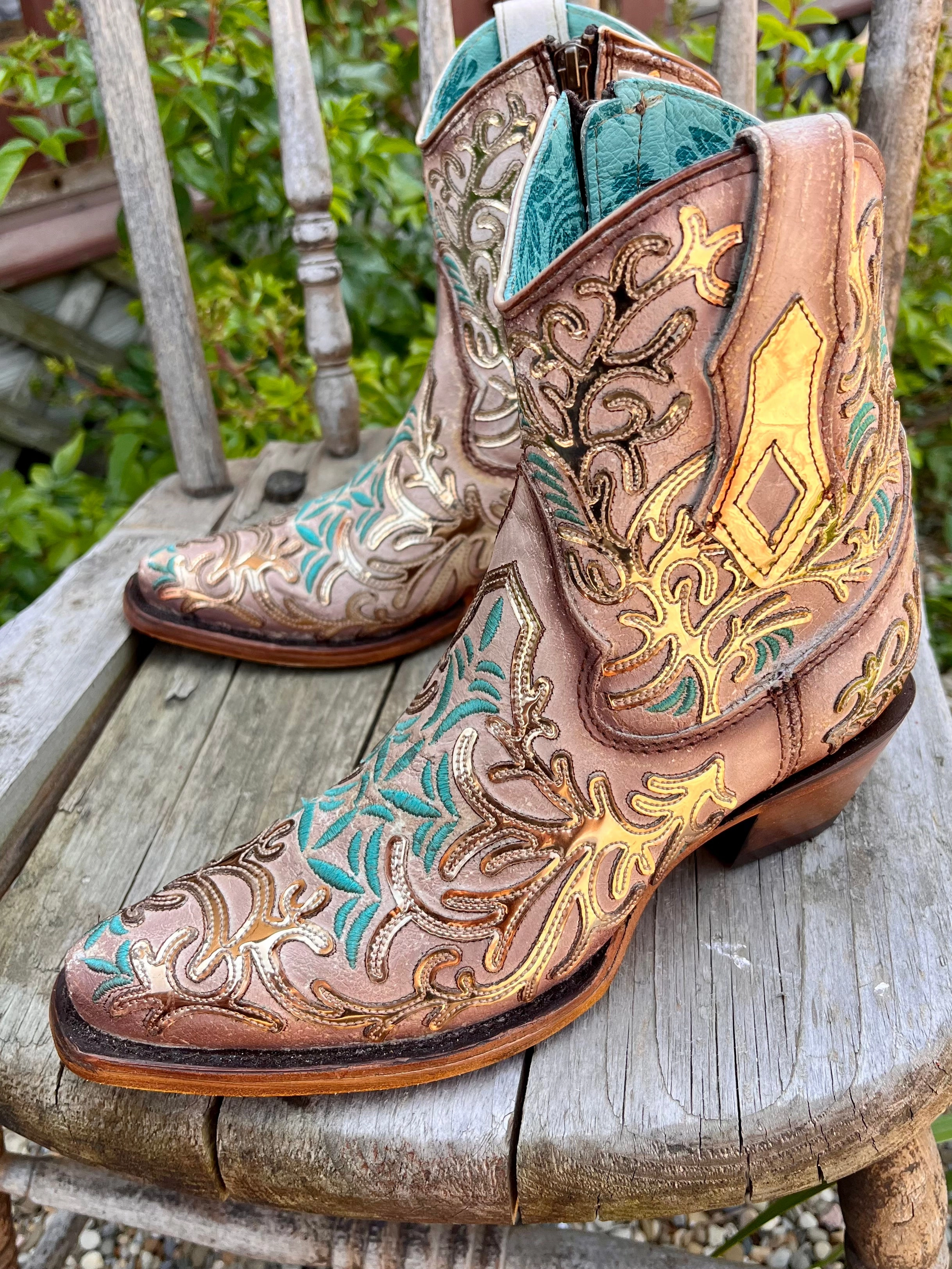 Rugged And Durable Quick Comfort Corral Women's Golden Mirror & Turquoise Overlay Ankle Cowgirl Boots C4006