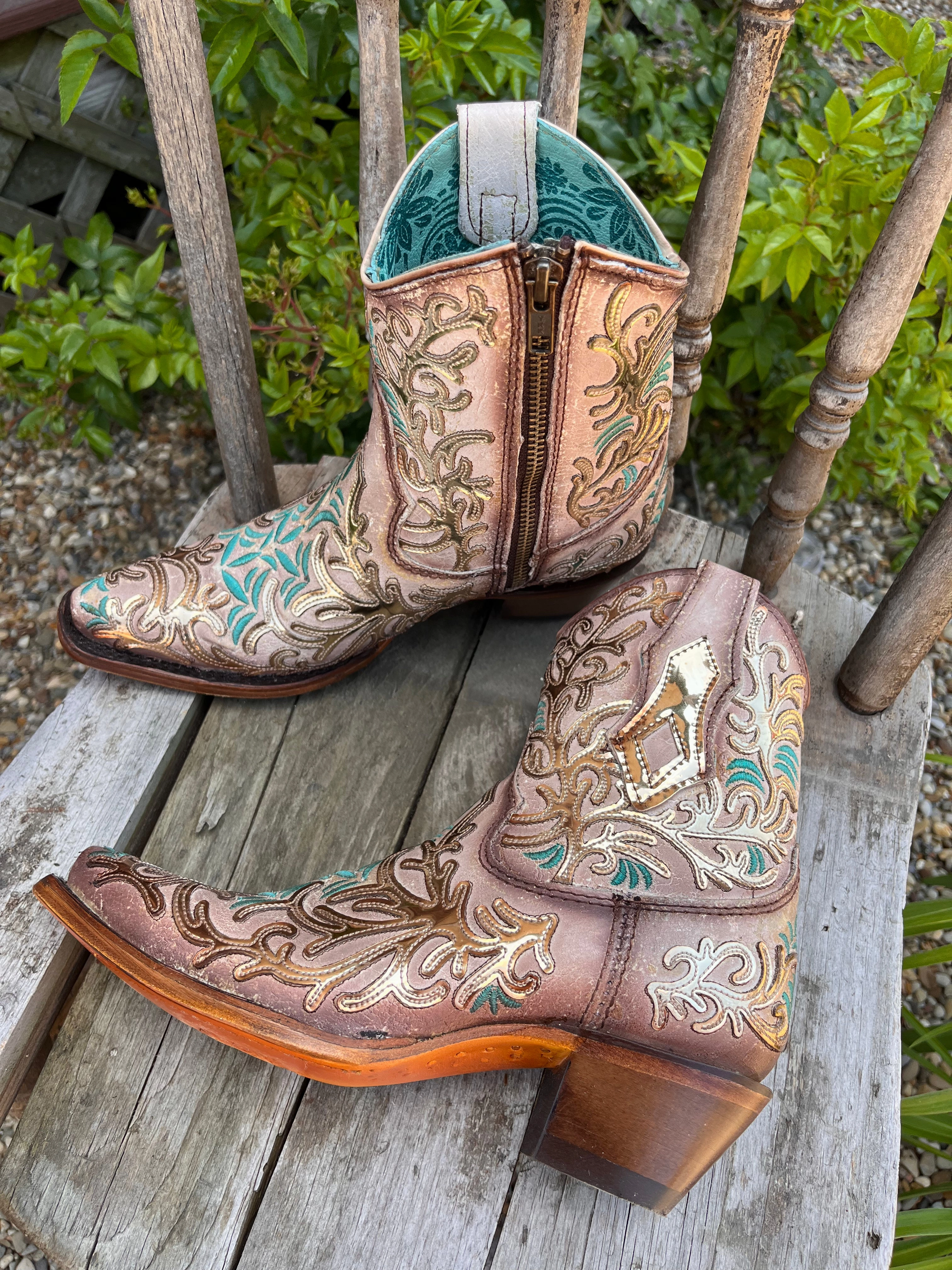 Corral Women's Golden Mirror & Turquoise Overlay Ankle Cowgirl Boots C4006 Frost Season