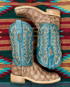 Work Field Comfortable Straps Corral Women's Tan Brown Big Bass Arapaima & Turquoise Top Square Toe Cowgirl Boots A4205