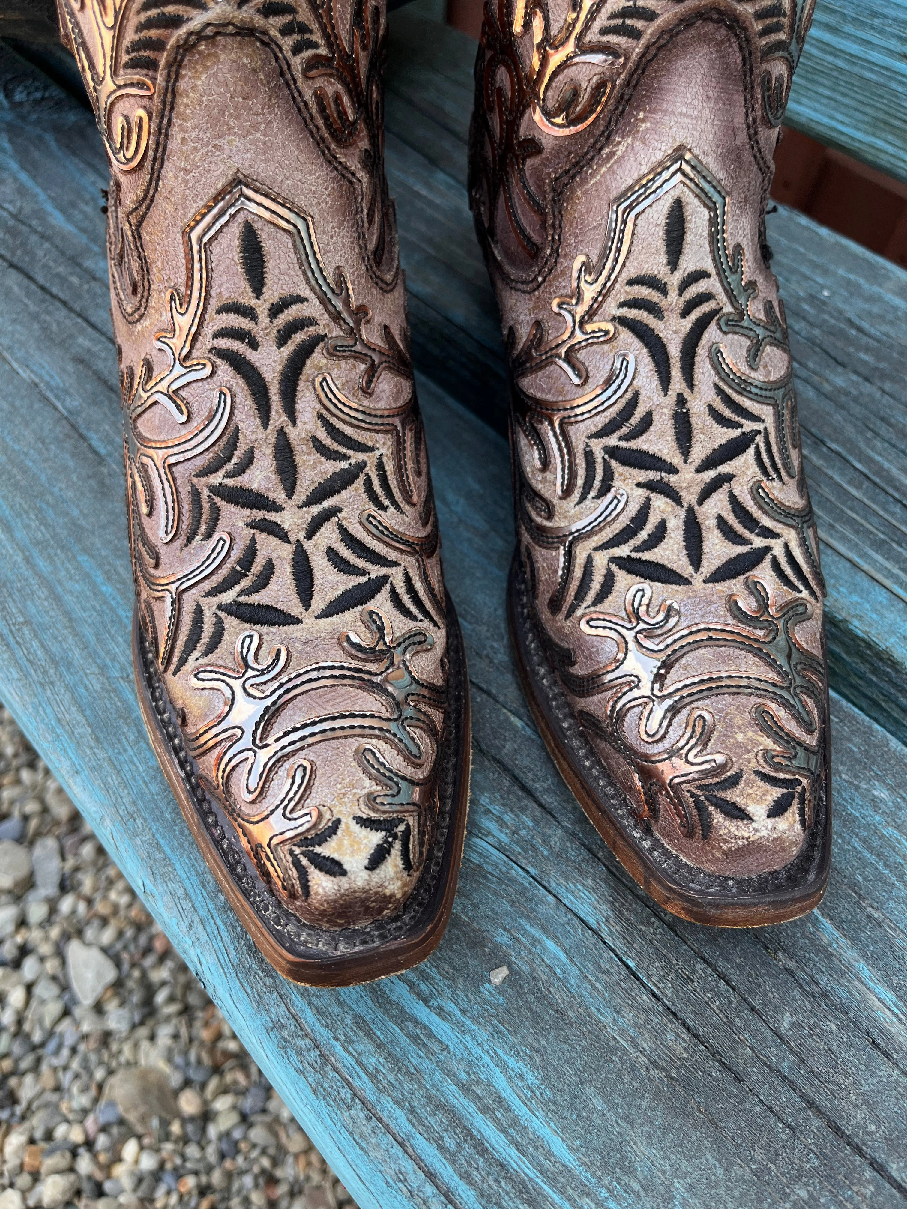Corral Women's Tan Golden Mirror & Black Ankle Cowgirl Boots C4007 Croc Look Multi Surface
