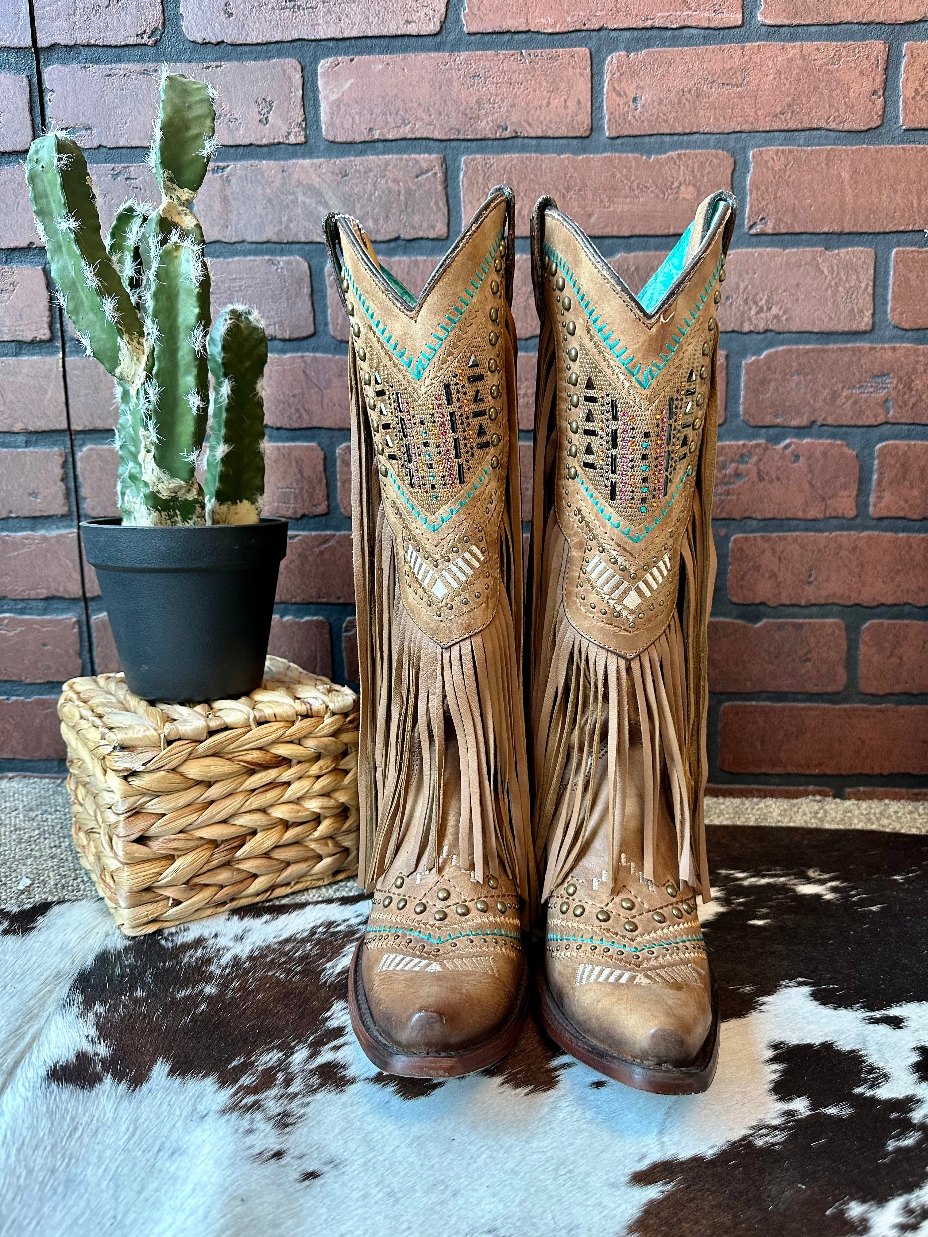 Corral Women's Tan Swarovski Crystals Fringe Tall Snip Toe Cowgirl Boot C2910 Outdoor Gear