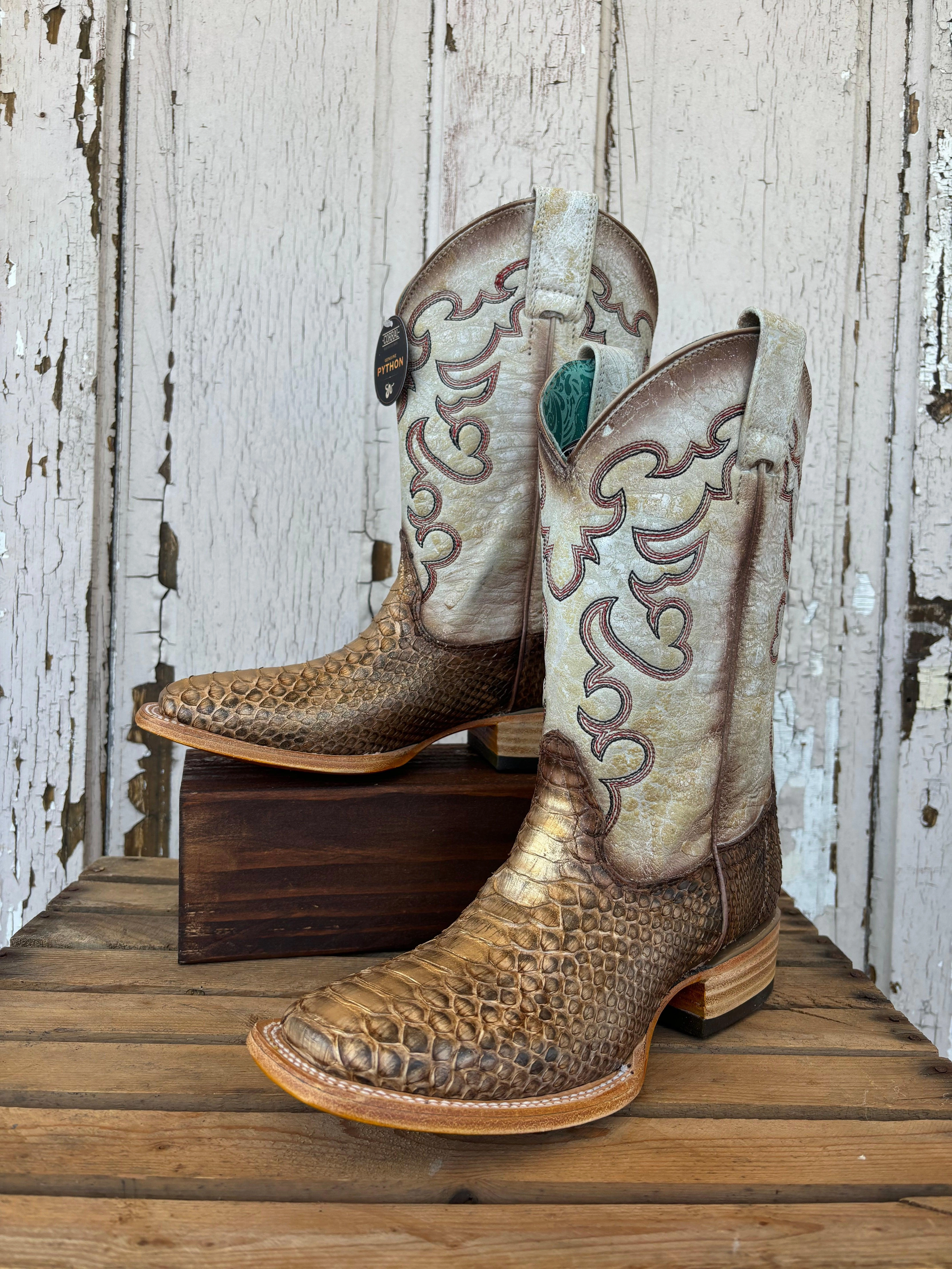 Corral Women's Taupe & Beige Python Embroidered Square Toe Cowgirl Boots B5507 Minimal Look Pull-on style