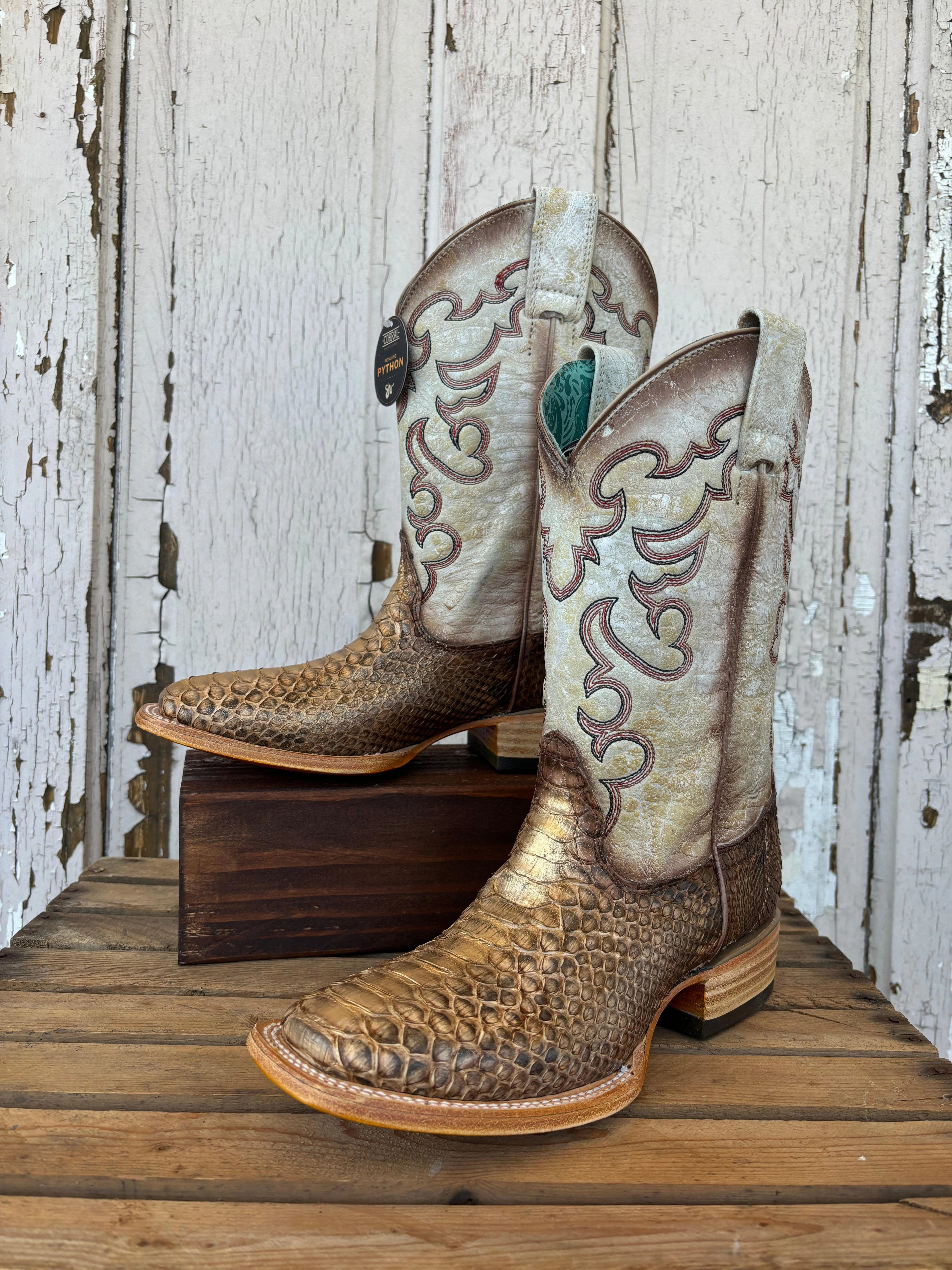 Desert Design All Fit Corral Women's Taupe & Beige Python Embroidered Square Toe Cowgirl Boots B5507