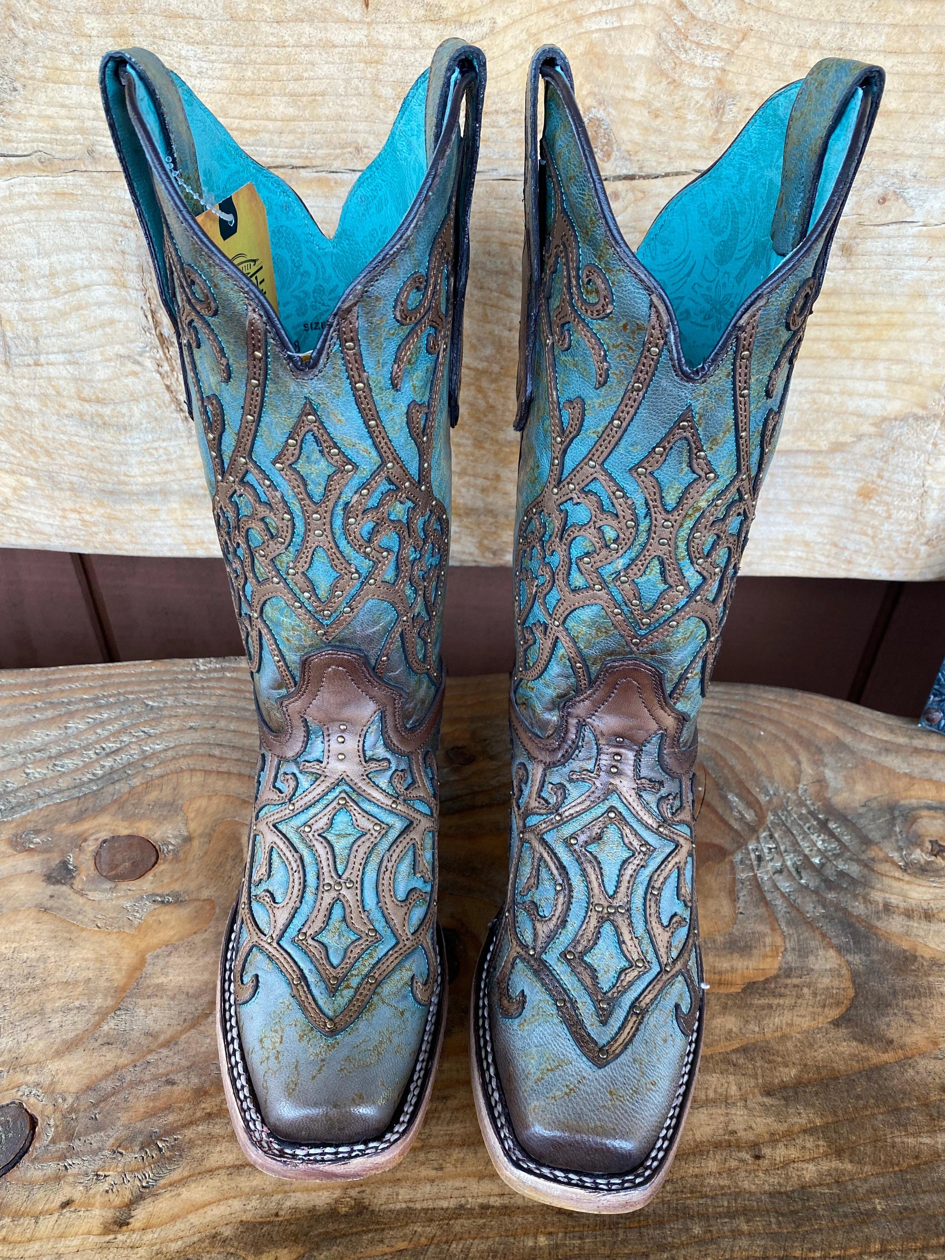 Steel Guard Modern Cut Corral Women's Turquoise & Brown Overlay Square Toe Cowgirl Boots C3768