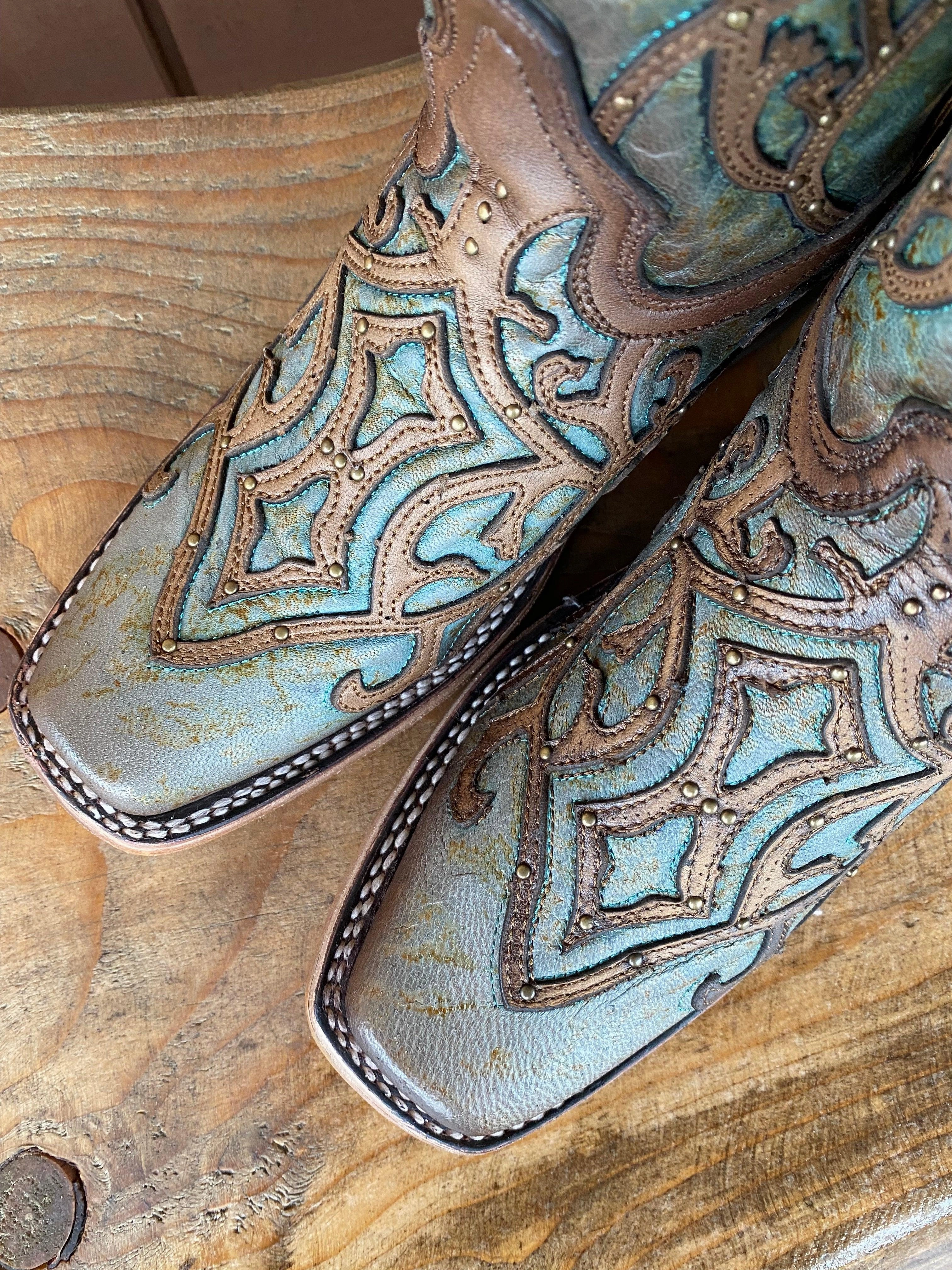 Corral Women's Turquoise & Brown Overlay Square Toe Cowgirl Boots C3768 Smooth Style Chill Ready