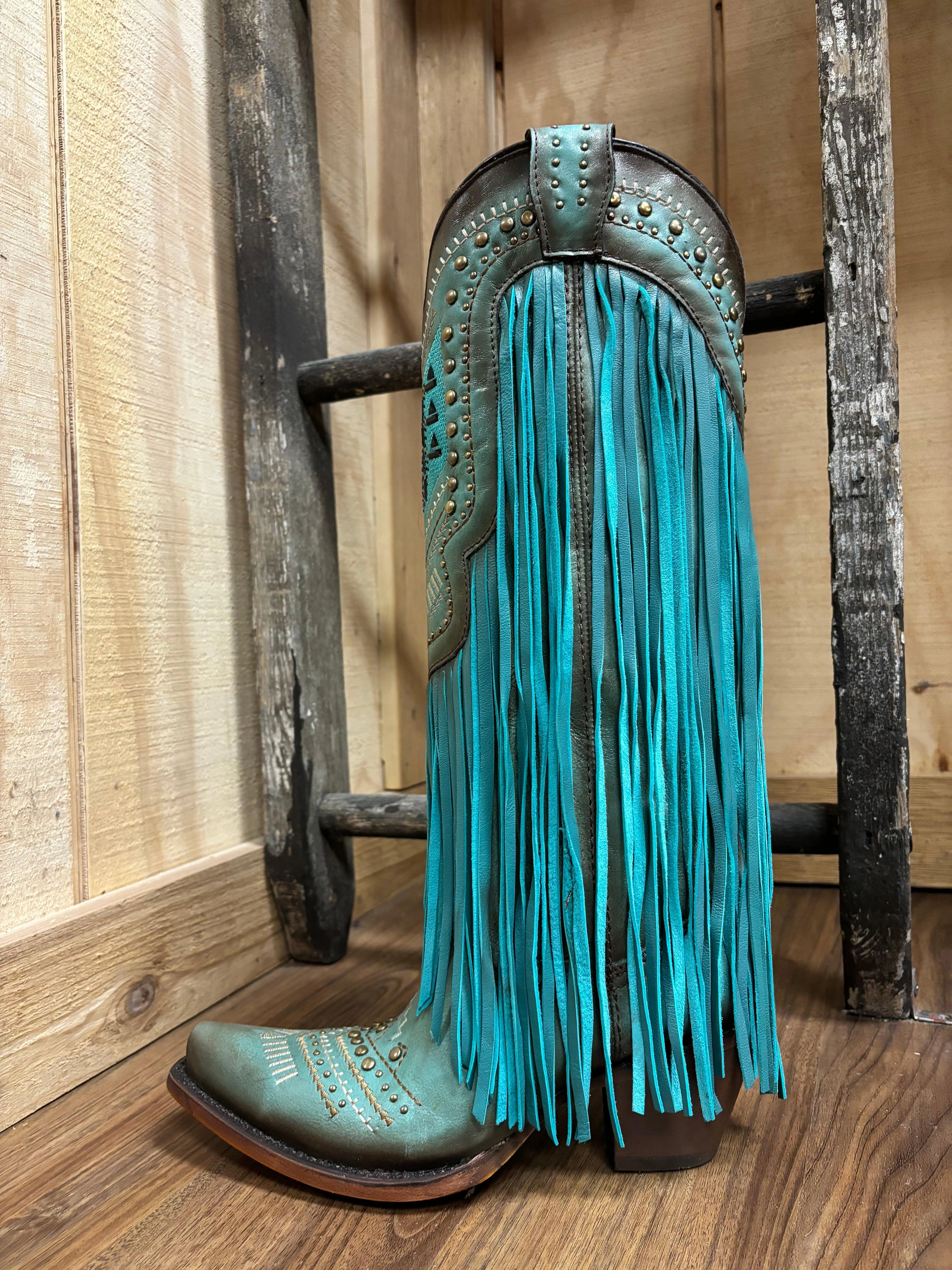 Corral Women's Turquoise Crystals & Studs Fringe Snip Toe Cowgirl Boots C4077 Shockproof AntiOdor