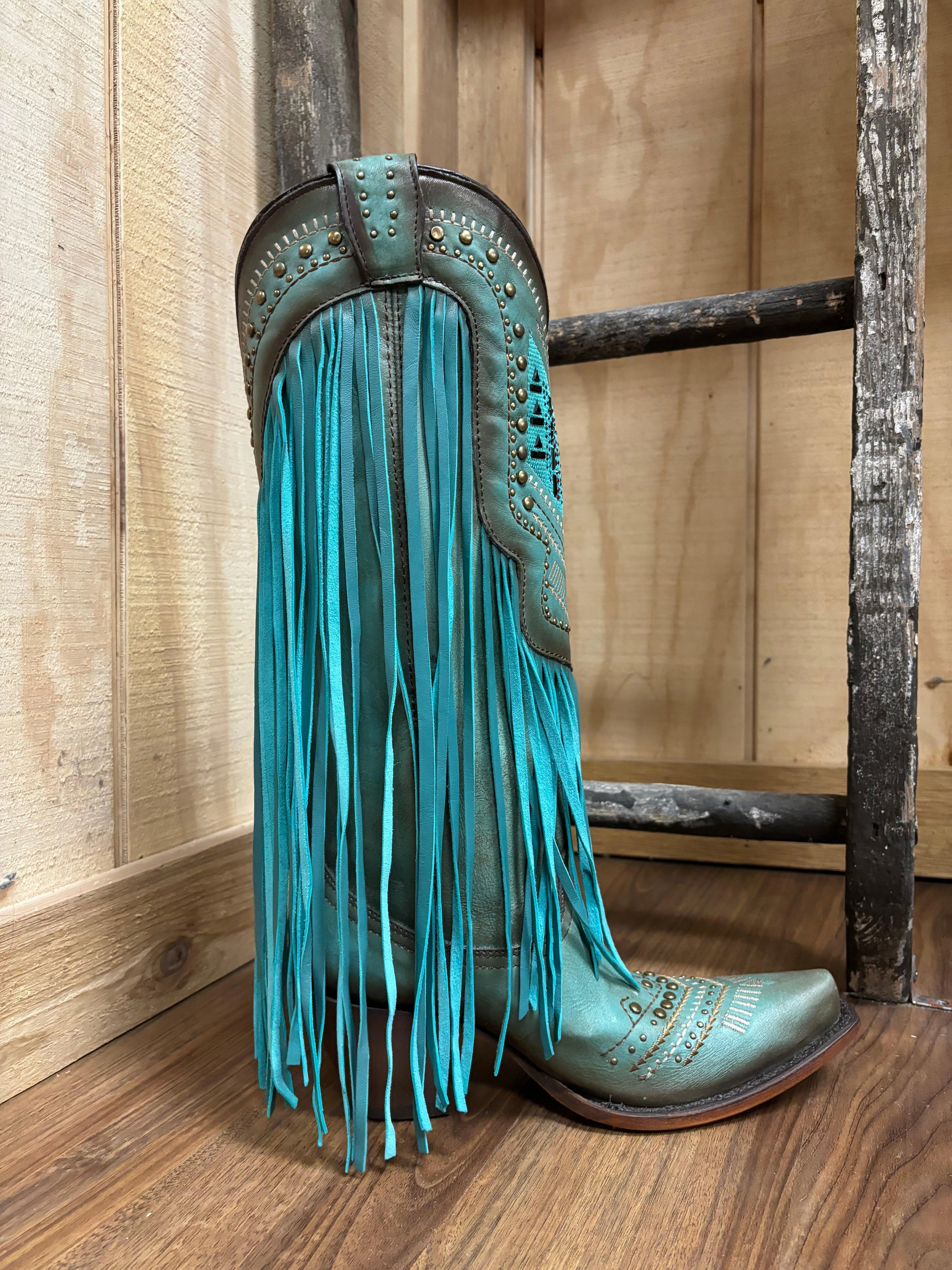 Corral Women's Turquoise Crystals & Studs Fringe Snip Toe Cowgirl Boots C4077 Winter Footwear