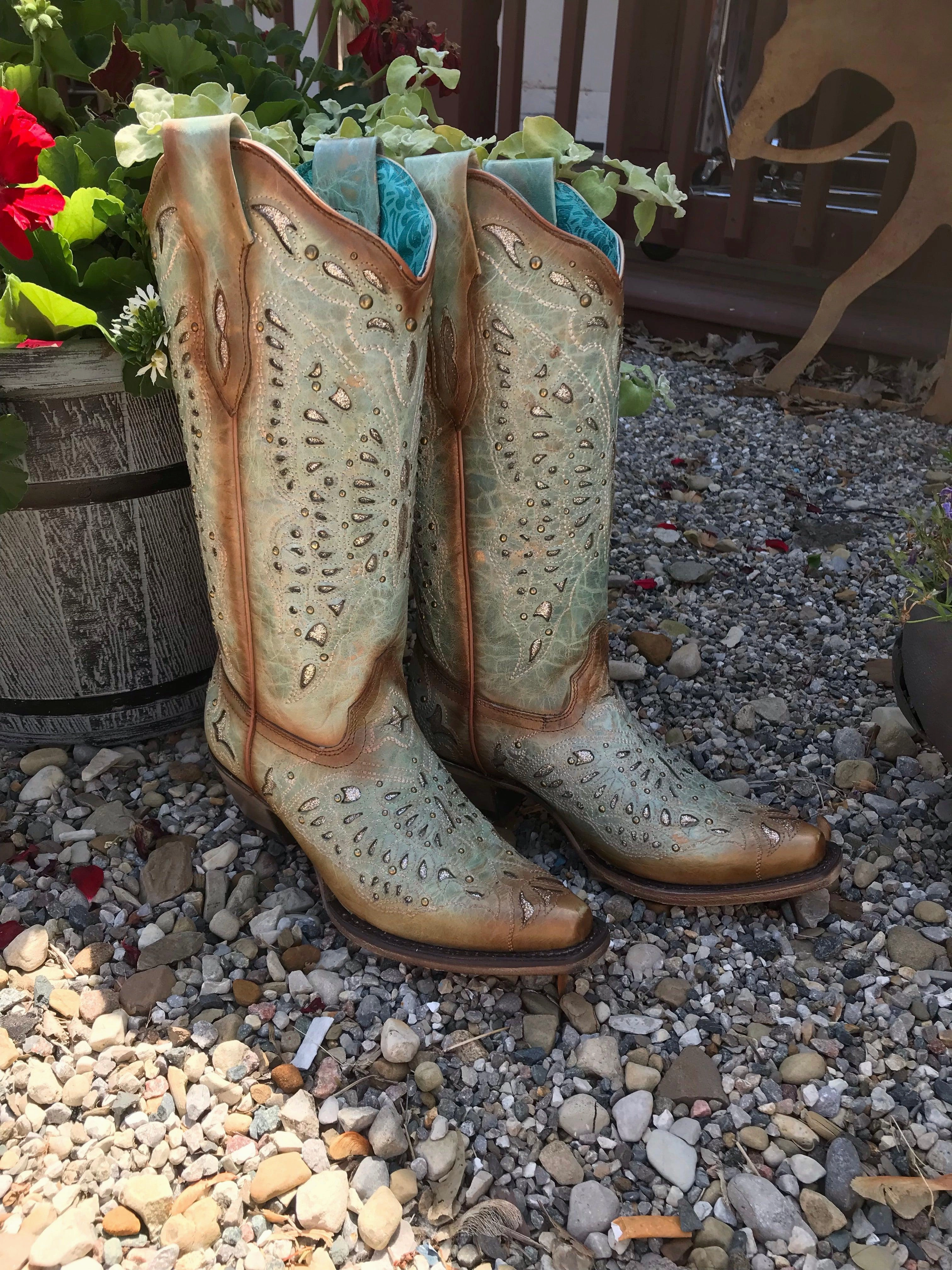 Corral Women's Turquoise/Green Butterfly Inlay Snip Toe Cowgirl Boots A4234 Field Work