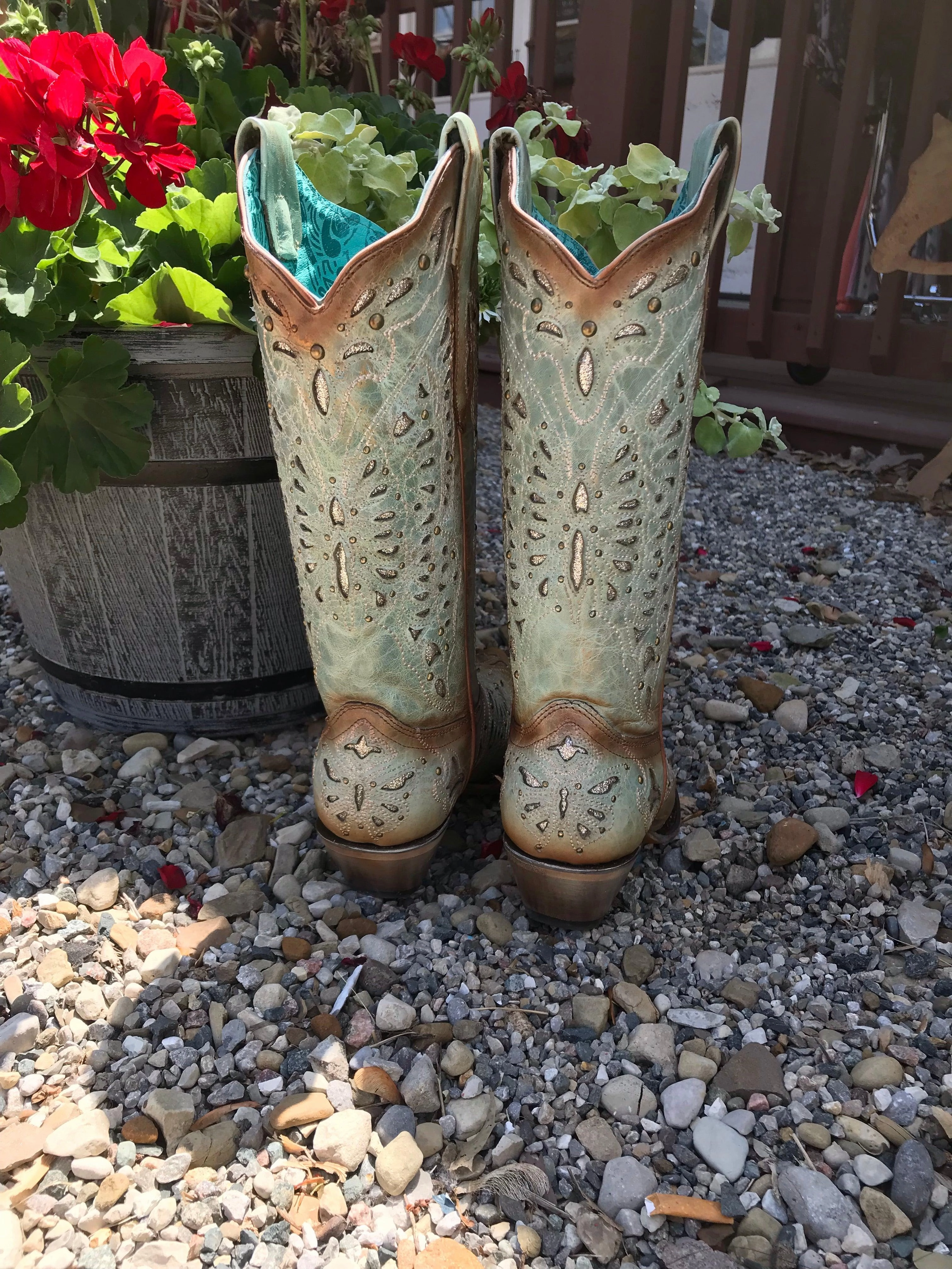 Rugged Terrain Corral Women's Turquoise/Green Butterfly Inlay Snip Toe Cowgirl Boots A4234