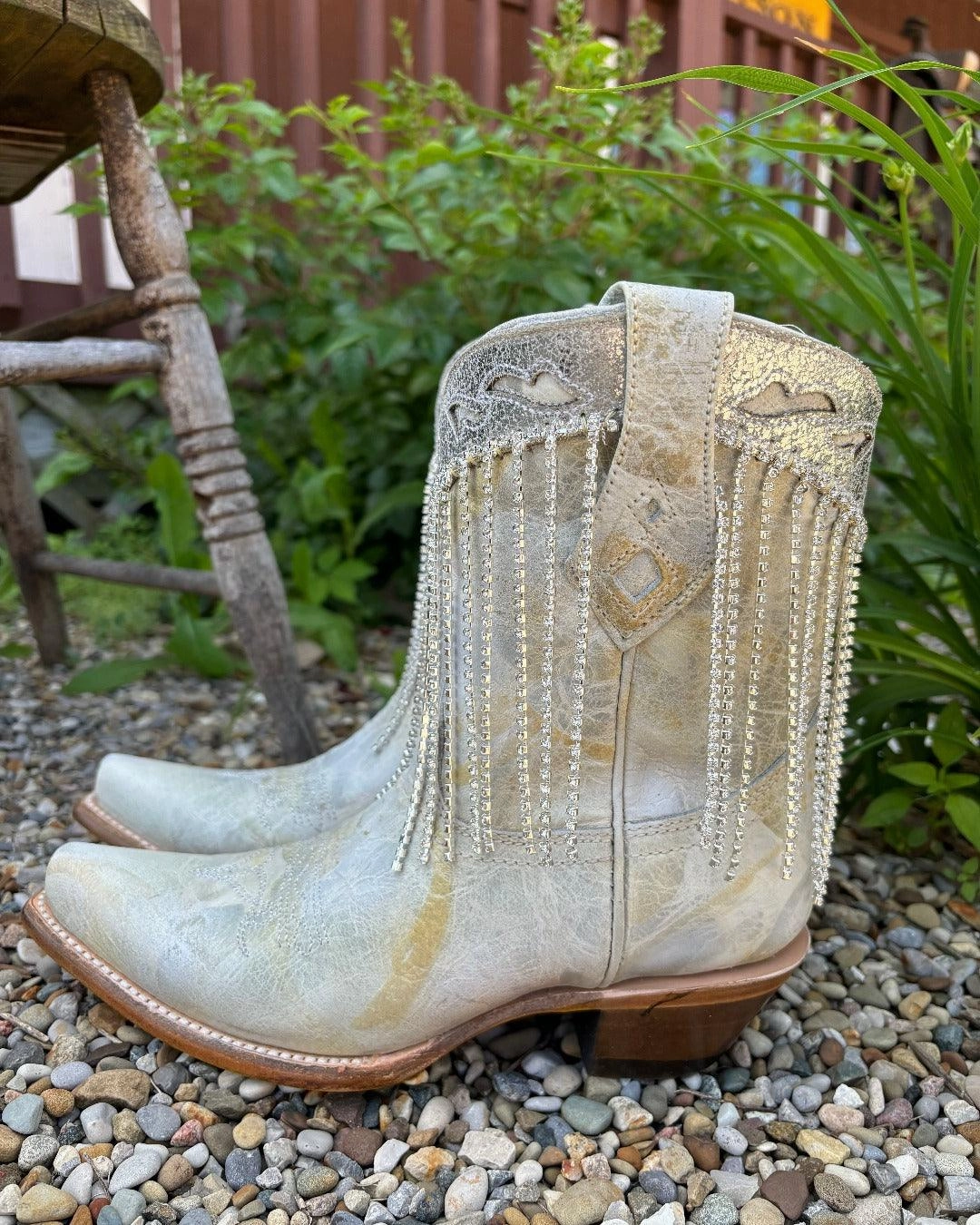 Eco Friendly Corral Women's White & Silver Overlay Crystal Fringe Snip Toe Ankle Cowgirl Boots Z5250
