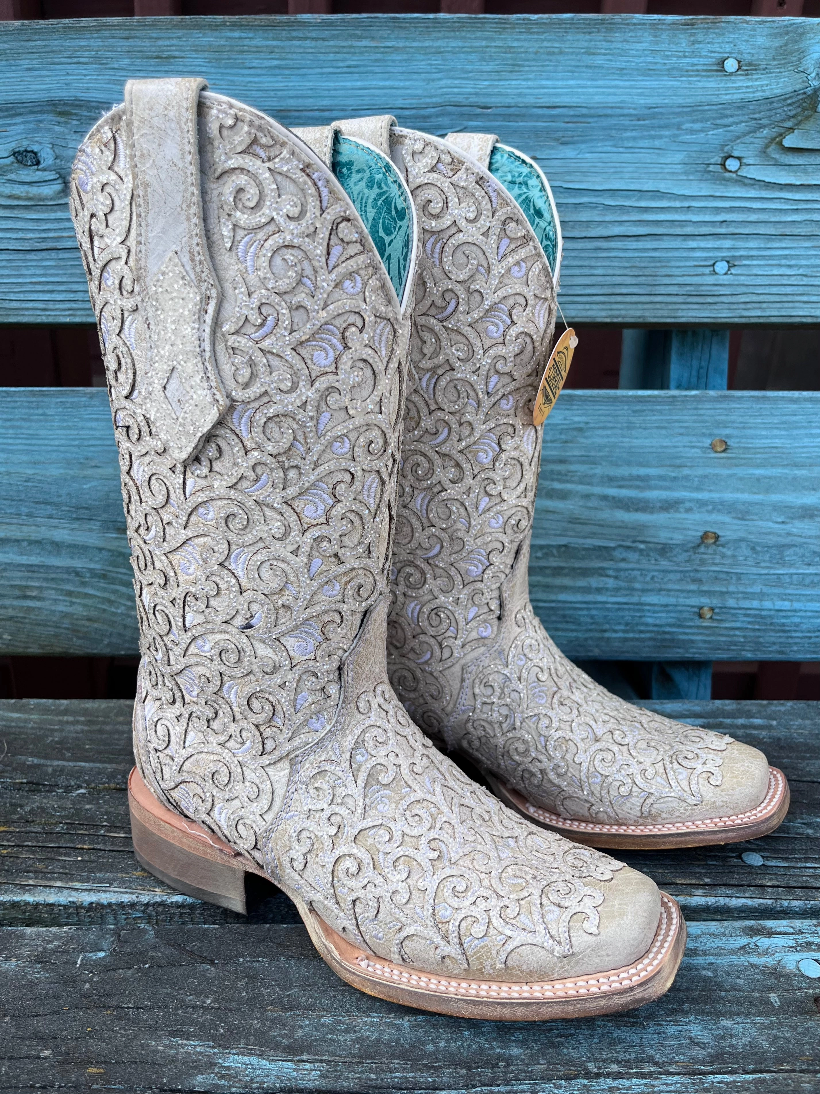 Breathable fabric Corral Women's White Glitter Overlay & Embroidered Square Toe Cowgirl Boots C4059
